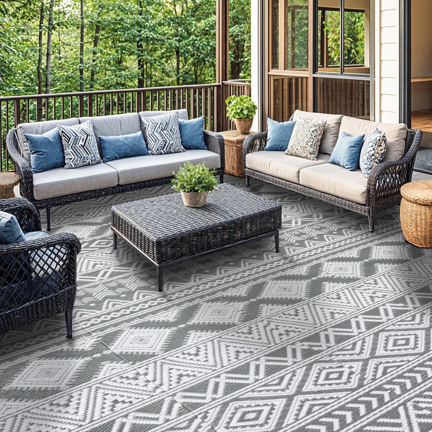 8'x10' Reversible Outdoor Rug - Eco-Friendly Plastic Straw Rug-Heavy-Duty Waterproof Mat, UV & Fade Resistant for Patio, Camping, RV, Deck, Balcony(8x10,Gray&White)