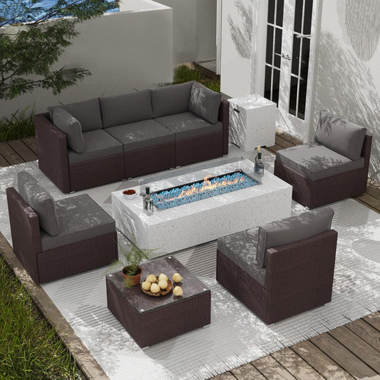 8 Piece Patio Furniture Set - Outdoor Conversation Sets with 56" Fire Table and Coffee Table, Rattan Modular Sofa Set for Garden/Poolside, Grey/Brown