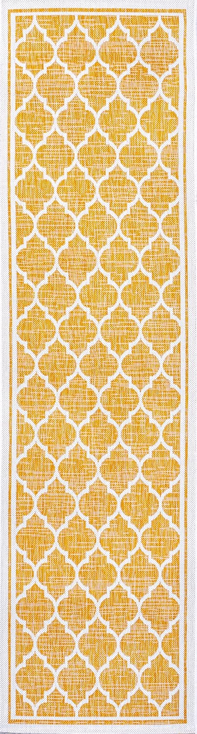 Eyely BMS109F-28 Santa Monica Trebol Moroccan Trellis Textured Weave Indoor/Outdoor Runner Rug Coastal;Bohemian, Bedroom, Backyard, Patio, Easy-Cleaning, Non-Shedding, 2 X 8, Yellow/Cream