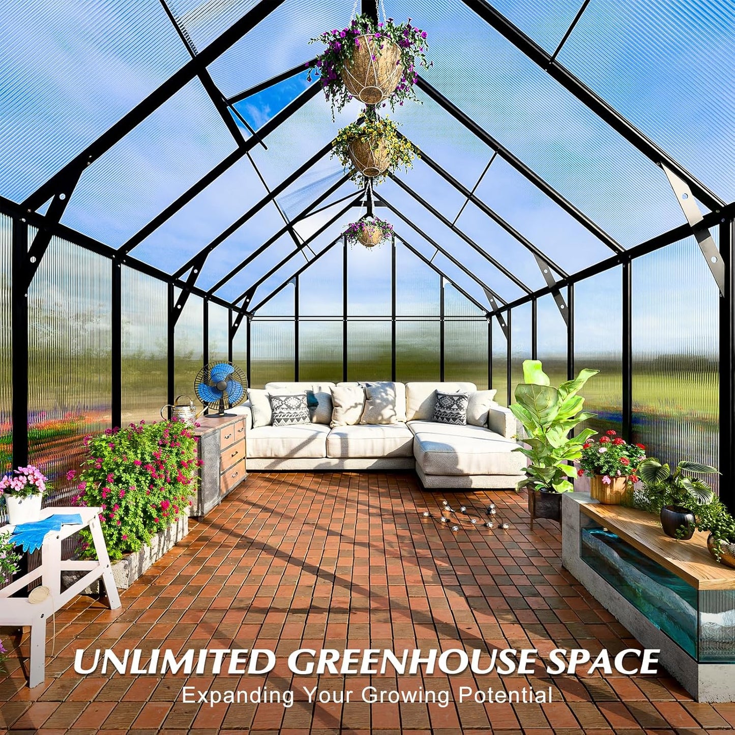 10x10x12 FT Heavy-Duty Greenhouse 2.0 with Polycarbonate Panels, Swing Door, Hinged Roof Vent, and Rain Gutters for Outdoor Use, Aluminum Black