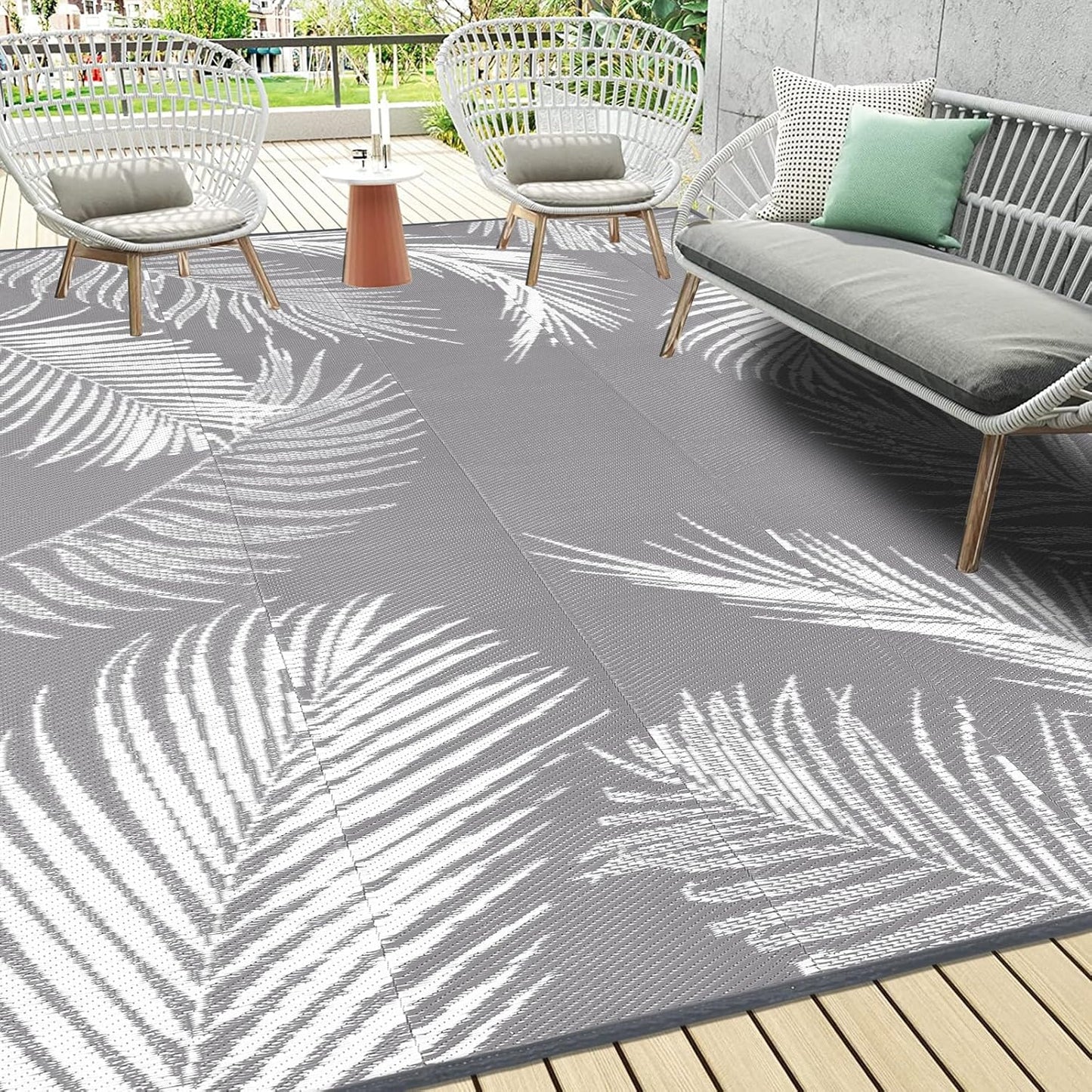 Pauwer Waterproof Outdoor Rug 9x12, Reversible Plastic Straw Patio Camping Rug, Indoor Outdoor RV Mat Carpet for Deck, Camper, Porch, Balcony, Backyard, Picnic, Leaf Grey