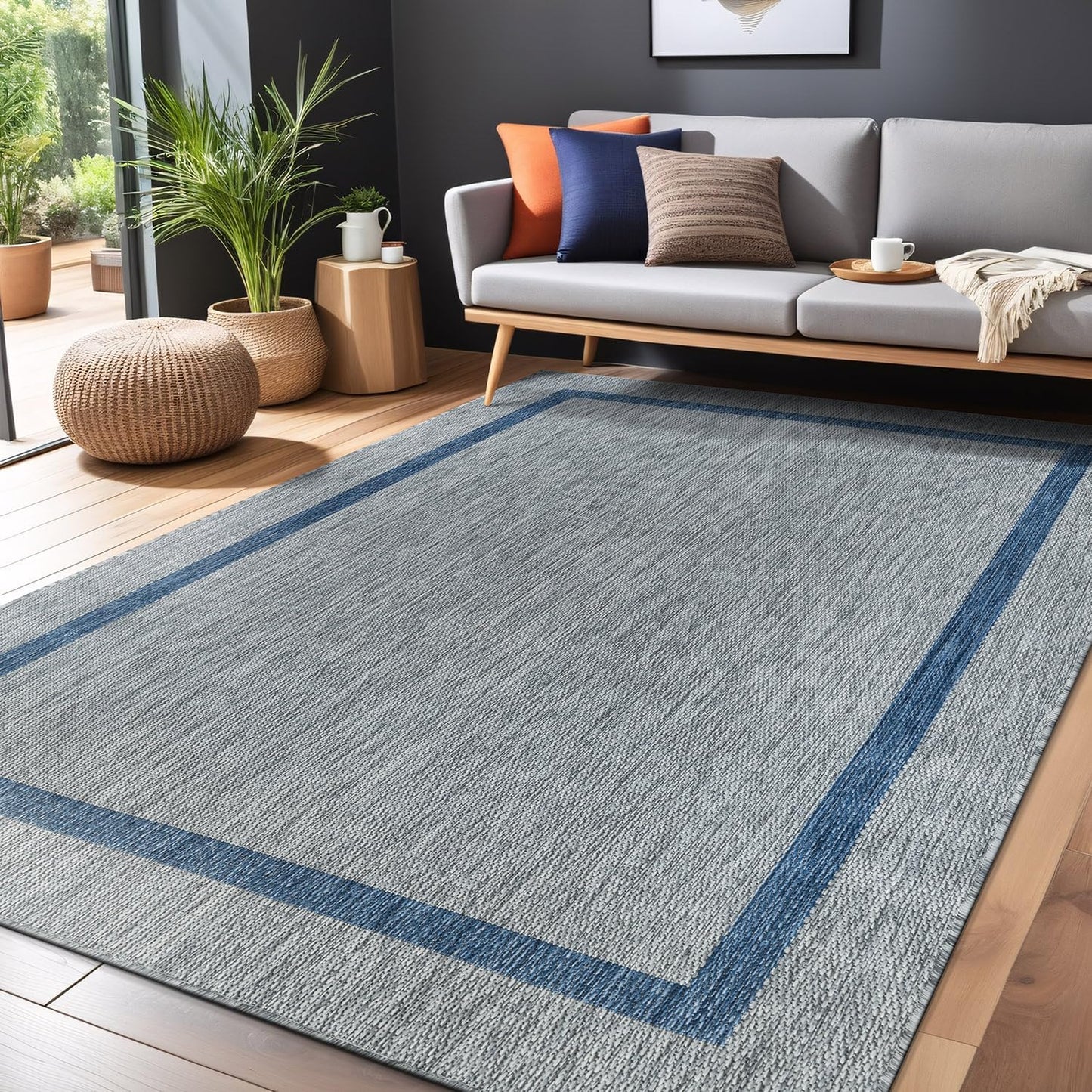 Bordered Outdoor Rug 6x9 Washable Outside Carpet for Indoor Patio Porch Waterproof Easy Cleaning Non Shedding Area Rugs Silver Gray - Blue 6 x 9