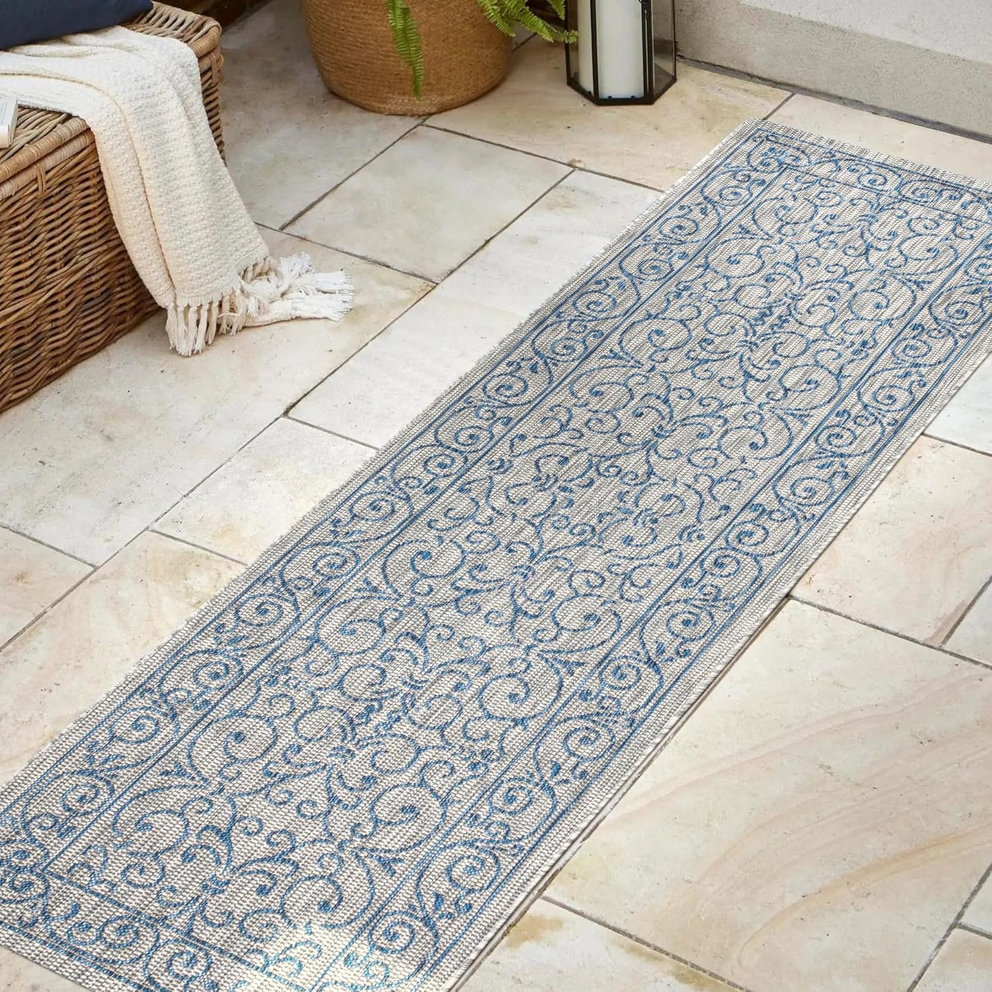 JONATHAN Y SMB106C-28 Charleston Vintage Filigree Textured Weave Indoor Outdoor Runner Rug Classic Coastal Easy-Cleaning Bedroom Kitchen Backyard Patio Non Shedding, 2 X 8, Gray/Navy