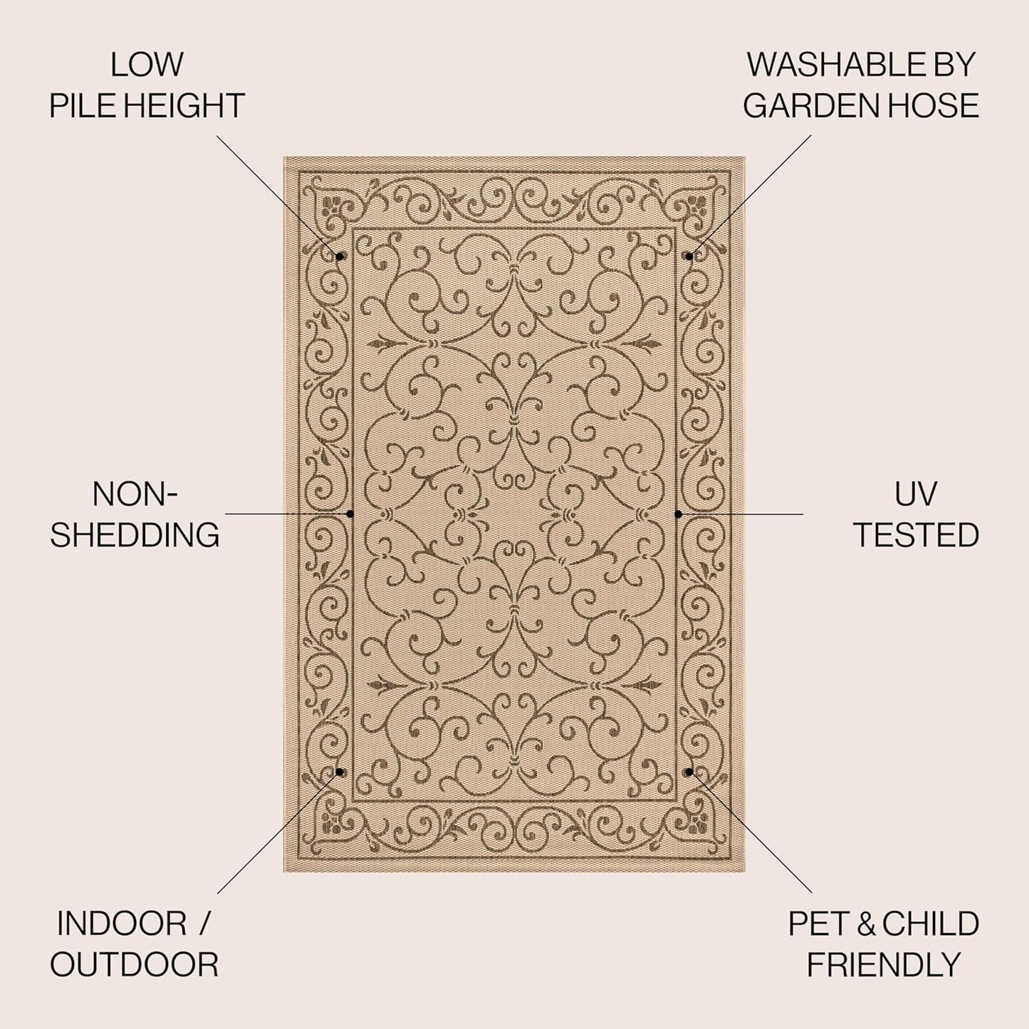 JONATHAN Y SMB106A-9SQ Charleston Vintage Filigree Textured Weave Beige/Brown 9' Square Indoor/Outdoor Area Rug, Pet Friendly, Non-Shedding, Stain Resistant, Easy-Cleaning for Backyard, Patio, Porch