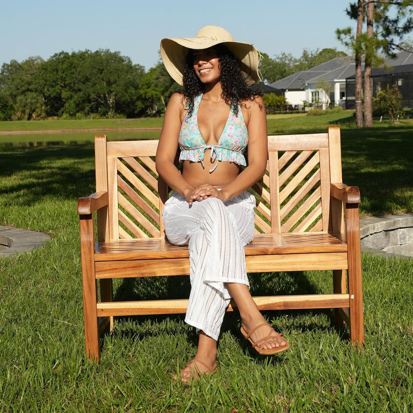 EcoDecors Eleganto 41 inch Outdoor Bench Teak Wood Garden Bench for Patio with Armrests and Backrest for Indoor Use and Outdoor, in Natural Color