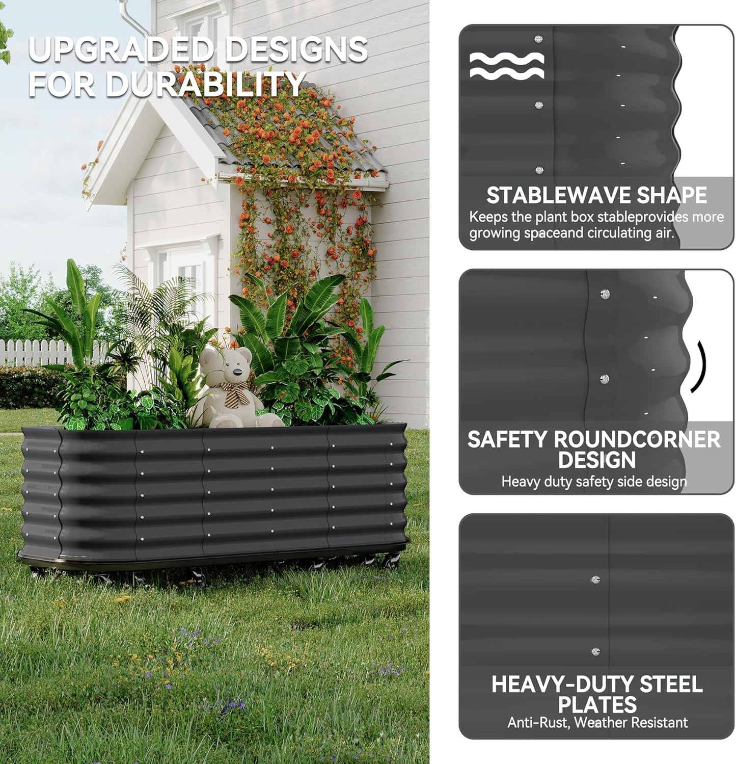 95x24x20in Galvanized Raised Garden Bed with Wheels & Water Reservoir – Durable Outdoor Planter Box, Elevated Raised Beds for Gardening, Portable Garden Box for Indoor/Outdoor Plants, Gray