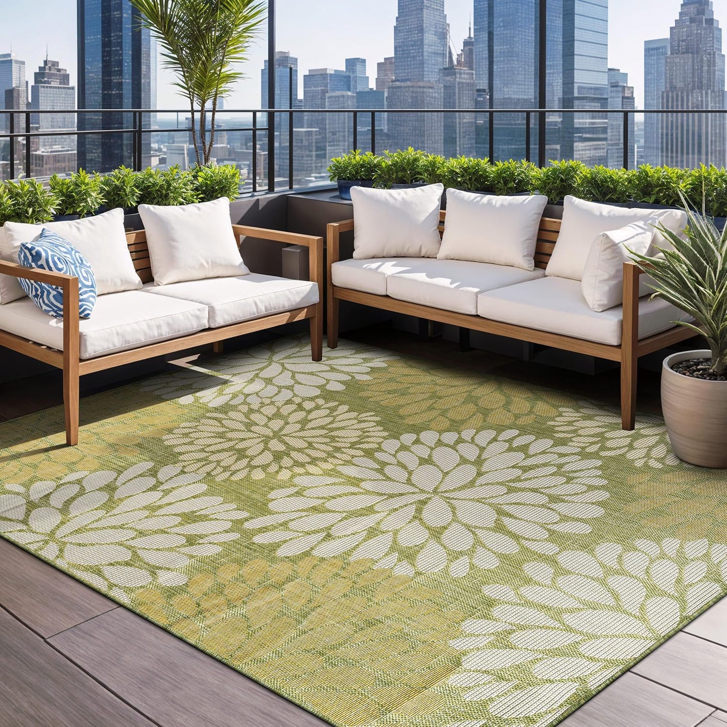 Beverly Rug Outdoor Rug 9x12 Modern Exotic Tropical Leaf Area Rugs for Indoor and Outdoor Patio Deck Porch Garden Water Resistant Washable Outside Carpet (9 x 12 Green)