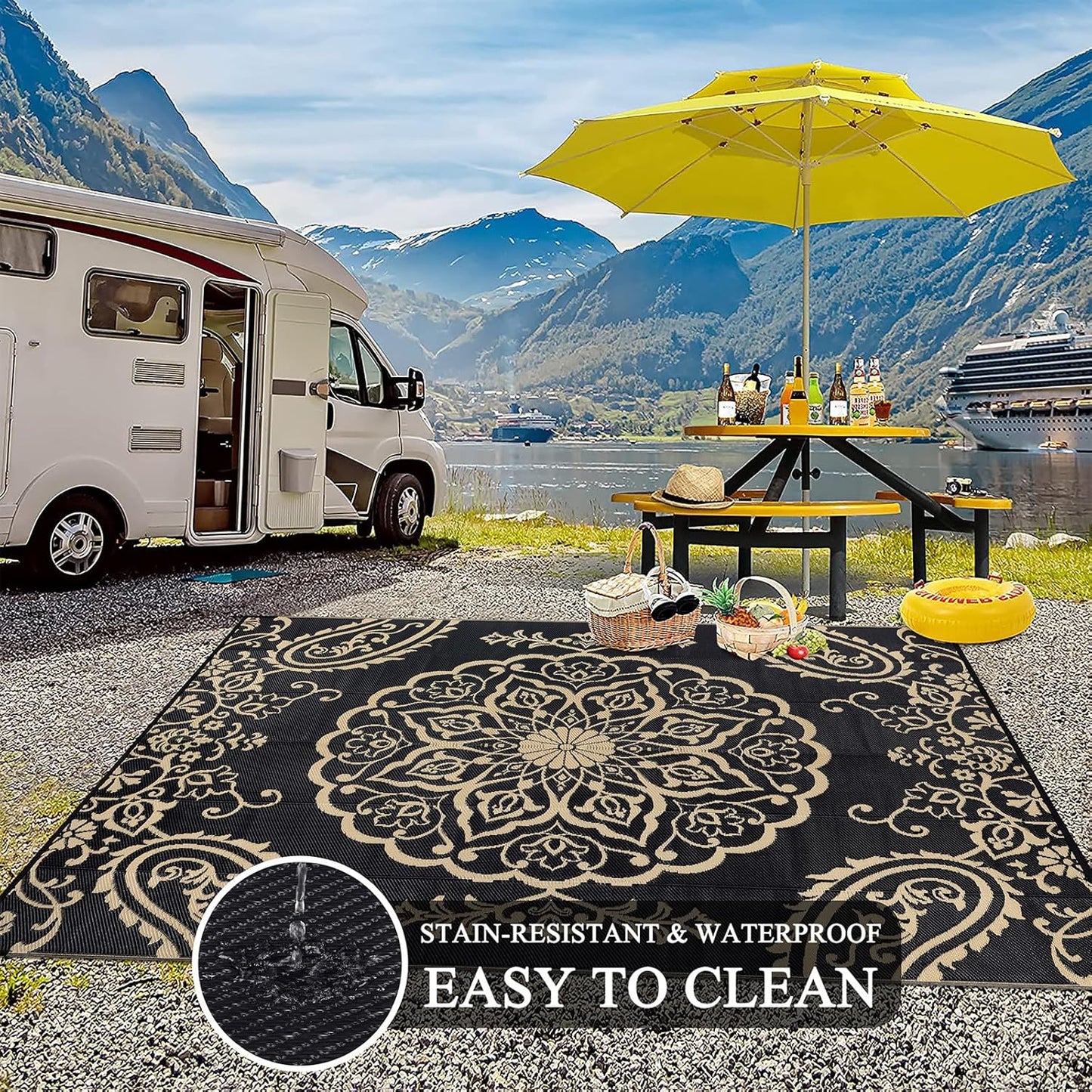 Pauwer Waterproof Outdoor Rug 6x9, Reversible Plastic Straw Patio Camping Rug, Indoor Outdoor RV Mat Carpet for Deck, Camper, Porch, Balcony, Backyard, Picnic, Boho Black Brown