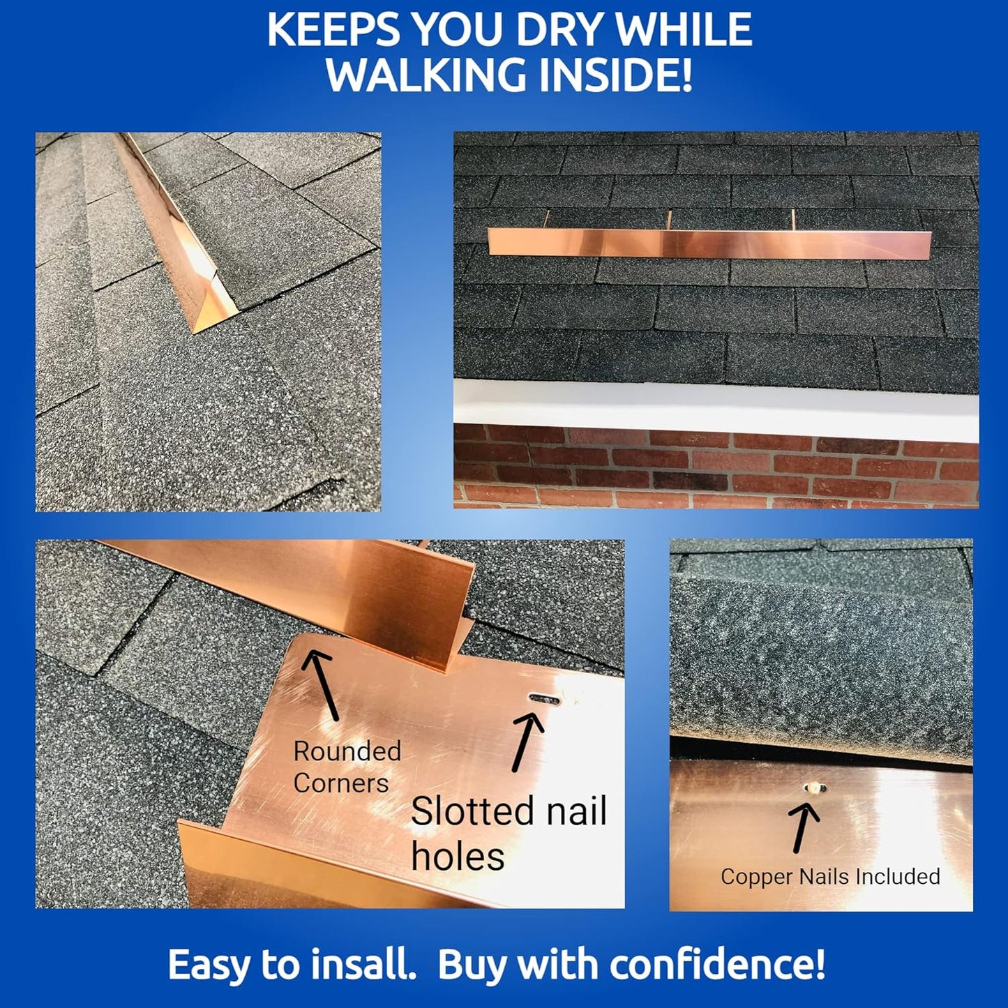 EAGLE 1- Shingle Roof Rain Diverter 40 Inches Long- 26 Gauge Material- Easy to Install- Includes Stainless Steel Nails (2, Real Copper)