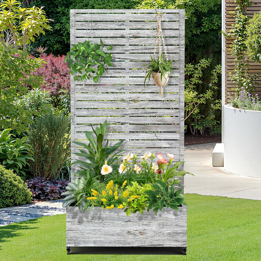 FENCY Metal Raised Garden Bed with Wheels and Trellis,73"x35"x16" Planter Box for Climbing Plants, Vegetables & Vines, Features Privacy Screen and Drainage Holes (White Wood Color)