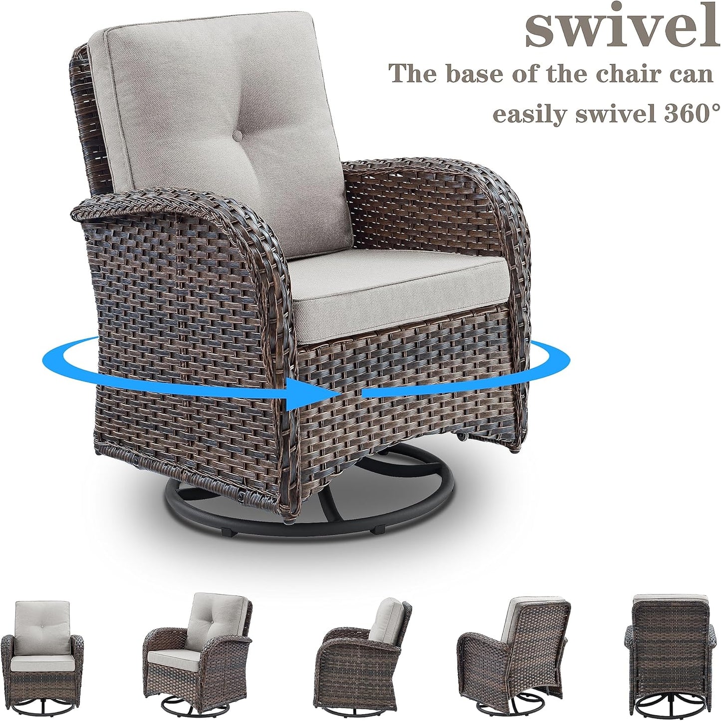 7 Piece Outdoor Patio Wicker Furniture Sets with Swivel Rocker Chairs, Rattan Loveseat Conversation Sets for Patio Deck Backyard Poolside, Beige Cushion