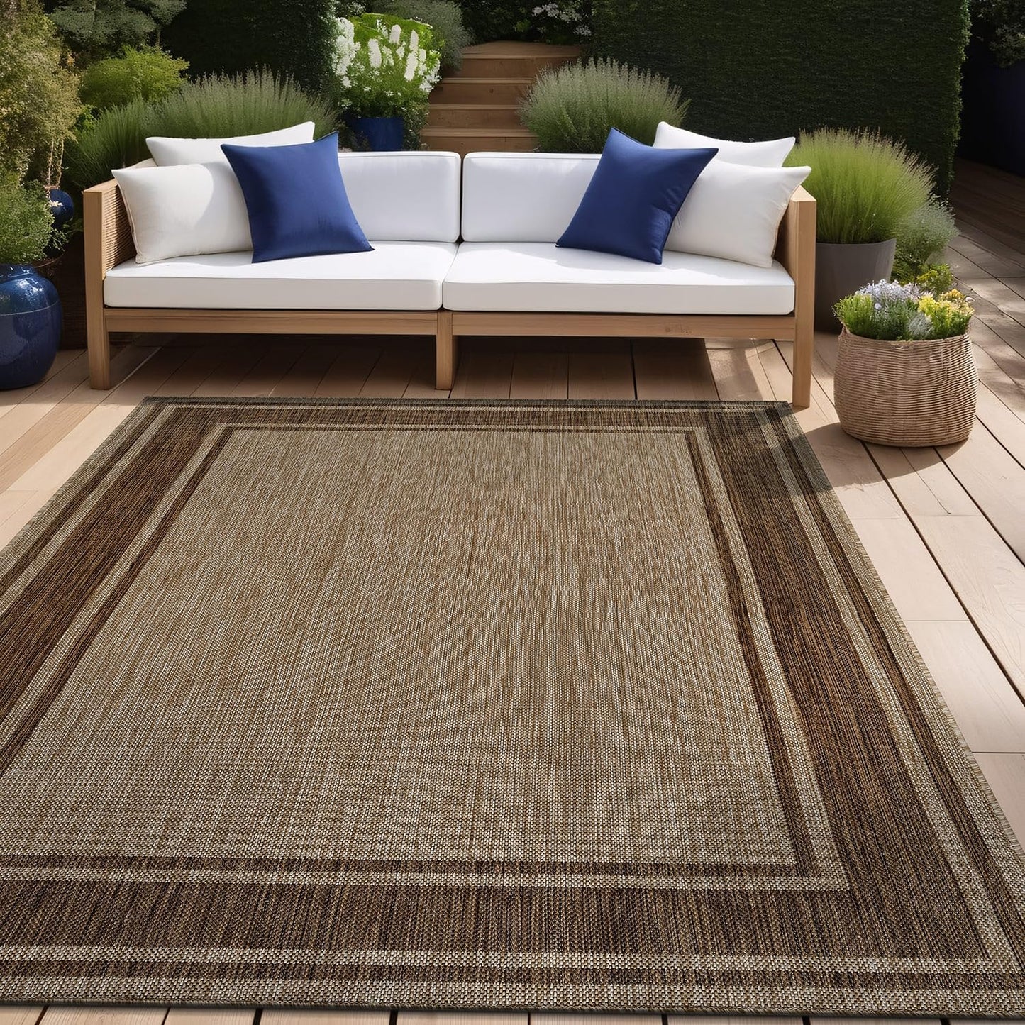 Beverly Rug Outdoor Rug 8x10 Modern Bordered Area Rugs for Indoor and Outdoor Patio Deck Porch Garden Waterproof Weather Sun Resistant Washable Outside Carpet (8 x 10 Jute)