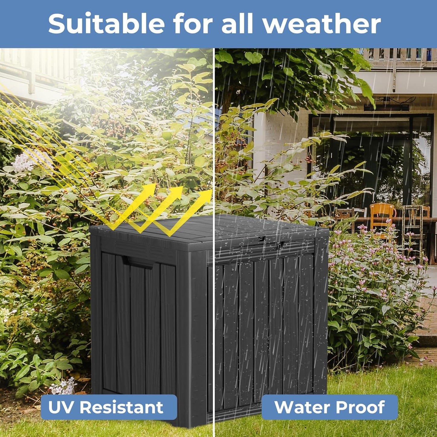 35 Gallon Resin Deck Box, Waterproof Outdoor Storage Bin for Patio, Poolside, and Garden, Lockable & UV-Resistant, Ideal for Small Spaces, Black