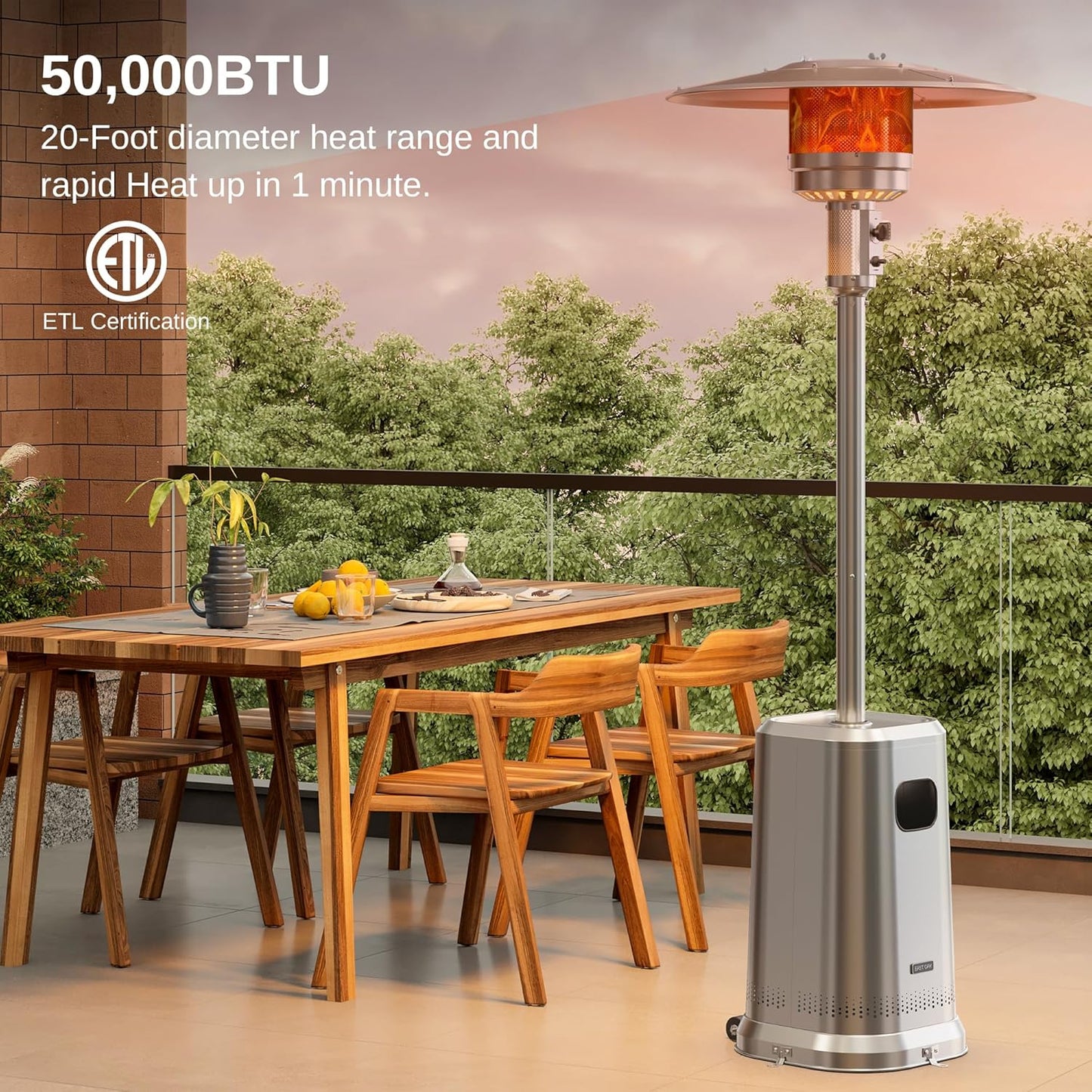 EAST OAK Anti-rust 50,000 BTU Patio Heater for Outdoor Use With Double-Layer Stainless Steel Burner, Table Design and Wheels, Propane Patio Heater for Home and Commercial, Stainless Steel