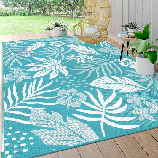 Pauwer Waterproof Outdoor Rug 9x12, Reversible Plastic Straw Patio Camping Rug, Indoor Outdoor RV Mat Carpet for Deck, Camper, Porch, Balcony, Backyard, Picnic, Floral Teal