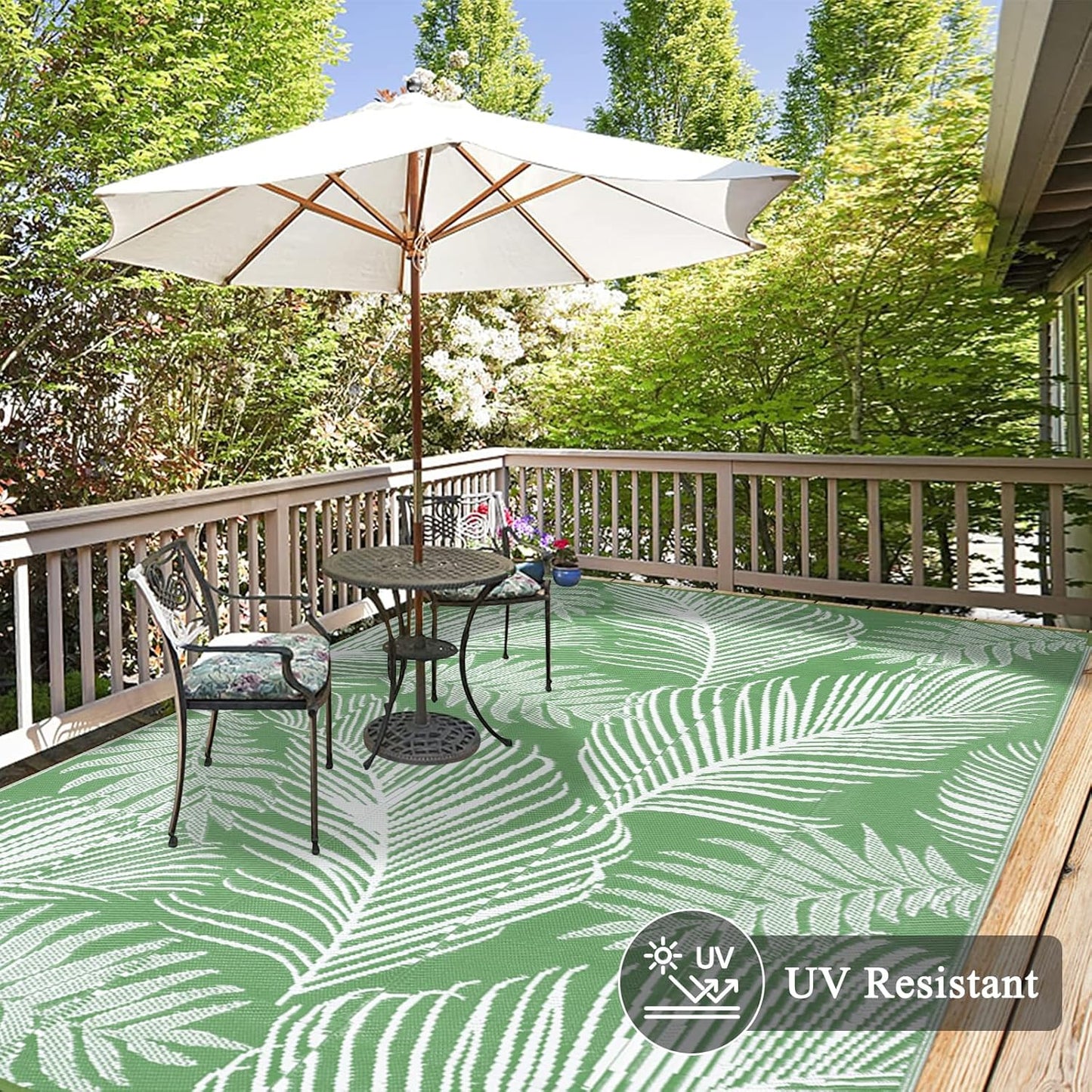 Pauwer Waterproof Outdoor Rug 9x12, Reversible Plastic Straw Patio Camping Rug, Indoor Outdoor RV Mat Carpet for Deck, Camper, Porch, Balcony, Backyard, Picnic, Leaf Green