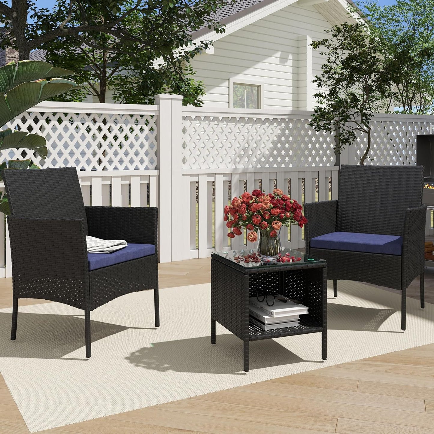 3 Piece Patio Furniture Set - Outdoor Conversation Sets with Coffee Table, Rattan Chair Set for Garden/Poolside, Coffee/Navy Blue