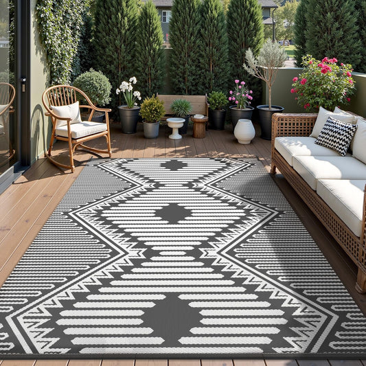 MontVoo Outdoor Rug 8x10 Waterproof Patio Rug-Outdoor Carpet Mat Reversible Plastic Straw Outside Outdoor Rug for RV Camping Picnic Beach Balcony Backyard Pool Deck Porch Modern Boho Grey