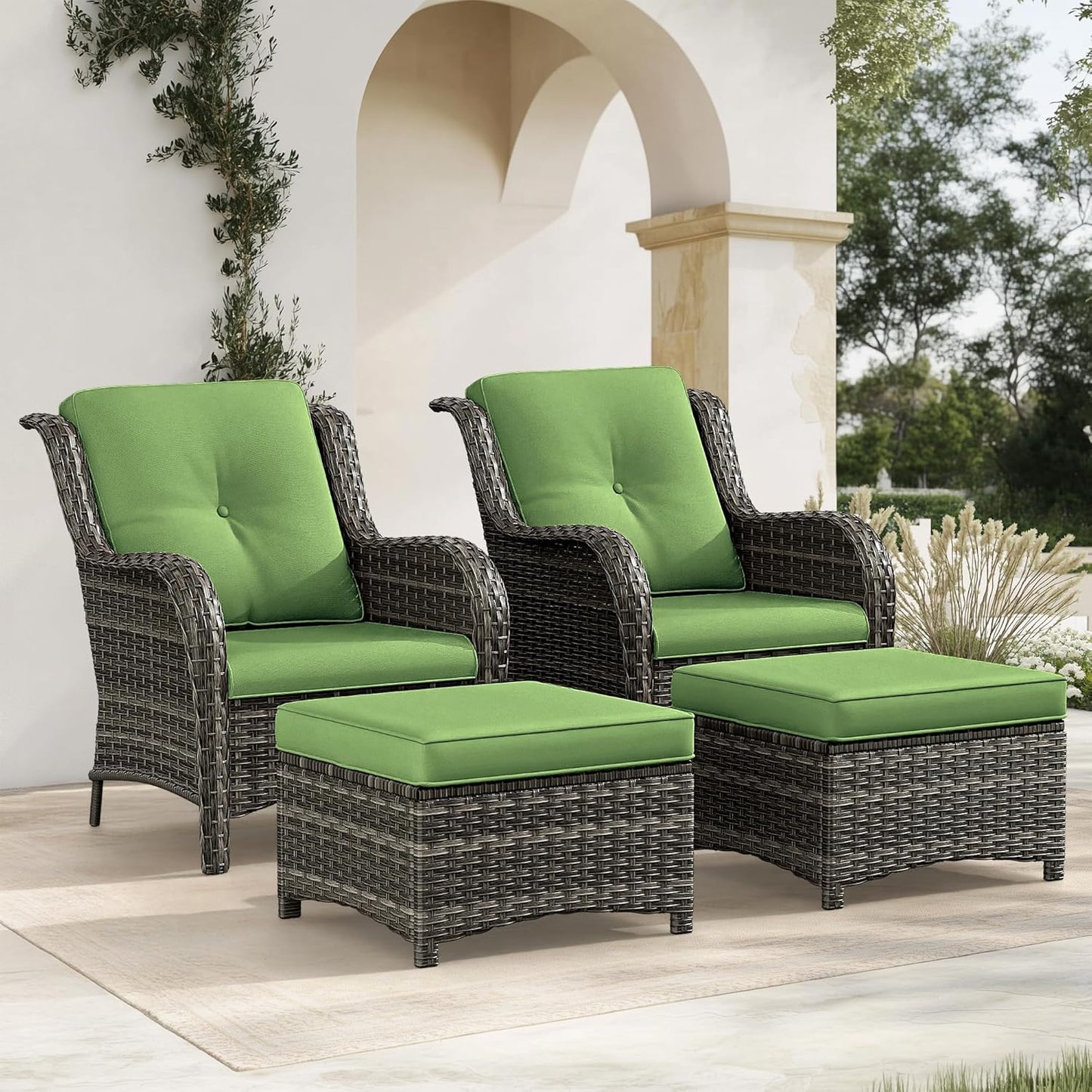 4 Pieces Patio Conversation Set, Wicker Chairs Set of 2 and Two Ottomans with 3.5-inch Seat Cushions, High Back and Curved Armrest for Backyard, Balcony and Deck, Green