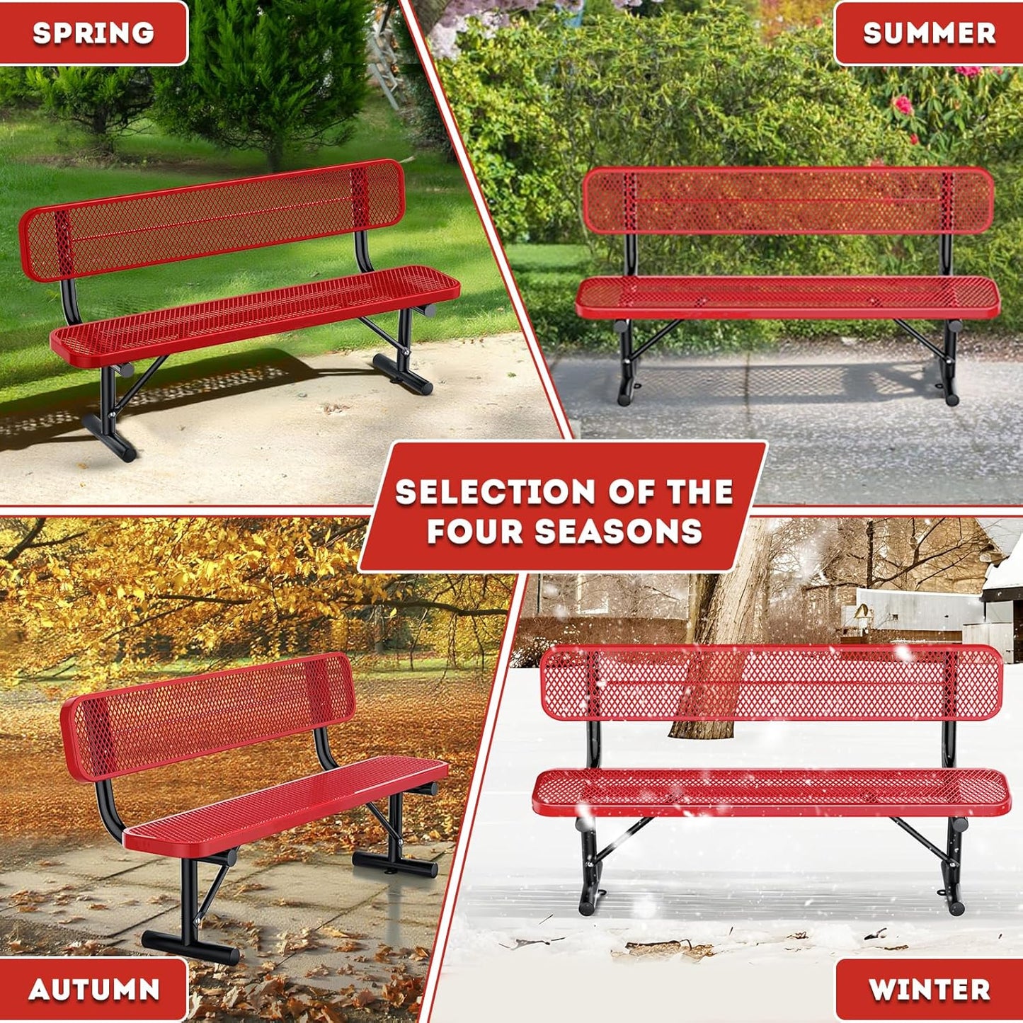 6Ft Heavy Duty Park Bench with Back Portable Frame, Outdoor Steel Bench with Backrest, Expanded Metal Mesh Bench for Lawn, Park, Deck, Garden, Patio, Porch, Red