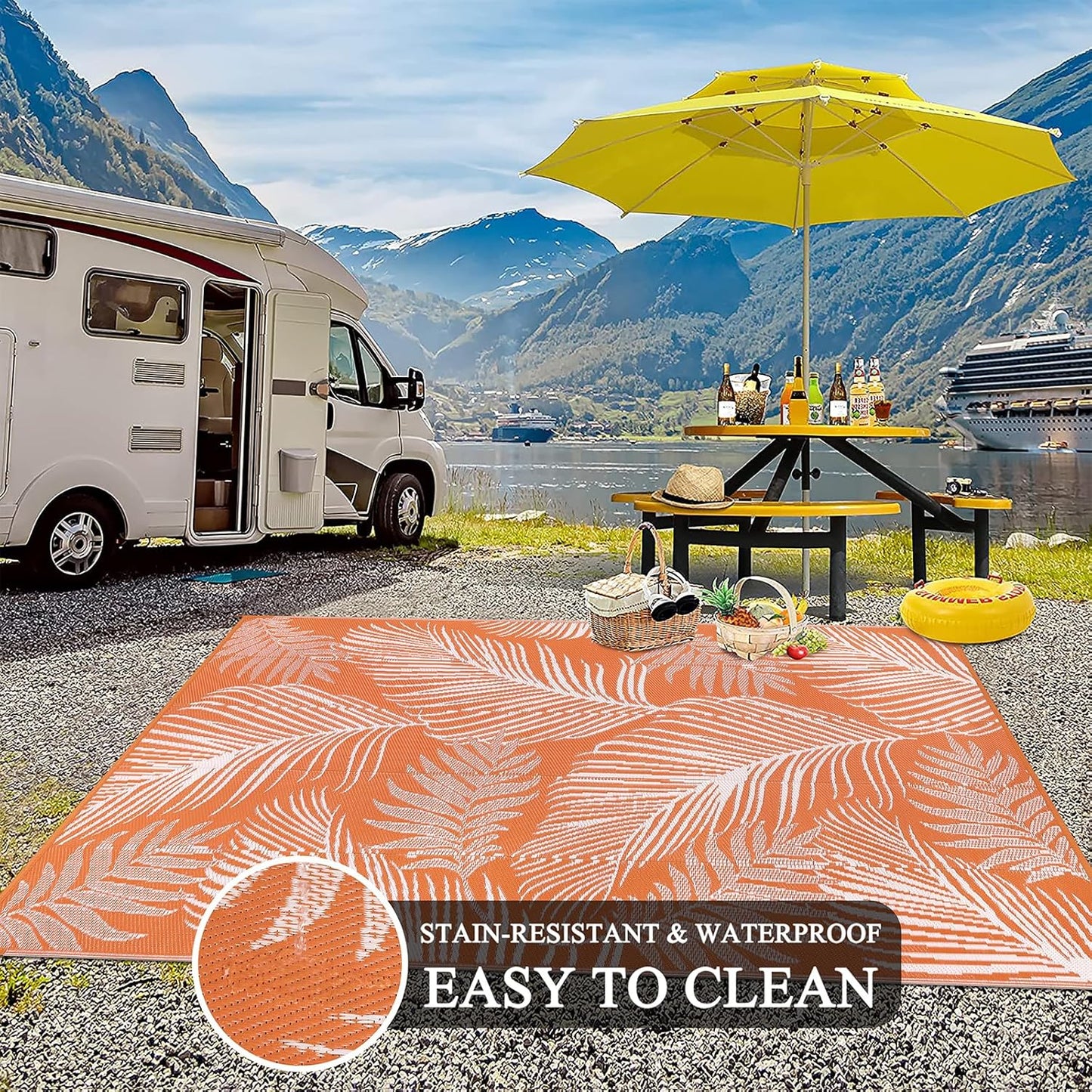 Pauwer Waterproof Outdoor Rug 6x9, Reversible Plastic Straw Patio Camping Rug, Indoor Outdoor RV Mat Carpet for Deck, Camper, Porch, Balcony, Backyard, Picnic, Leaf Orange