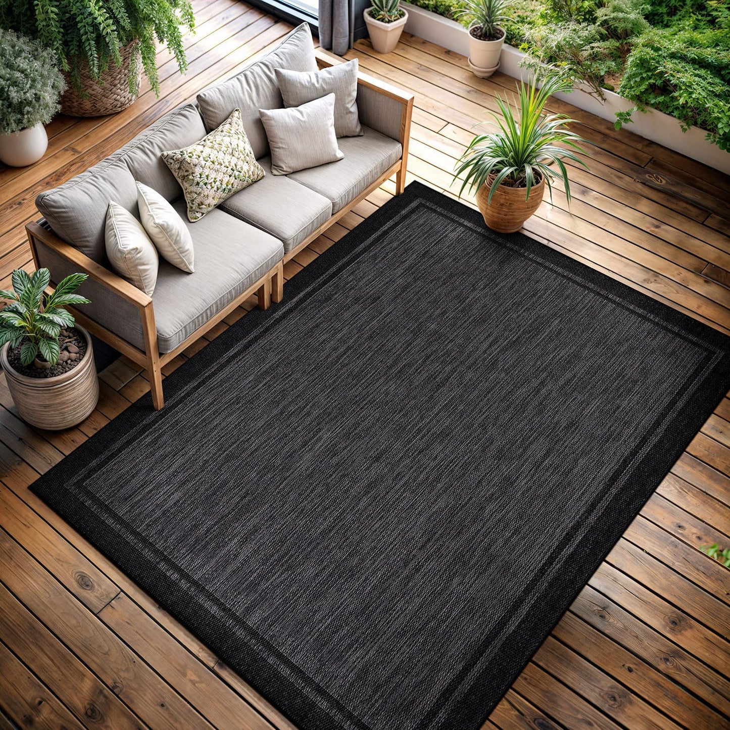 CAMILSON Indoor Outdoor Rug, 9x12 Bordered Dark Grey Black Modern Large Area Rugs for Indoor and Outdoor Patios, Kitchen and Hallway Mats, Washable Porch Deck Outside Carpet (Bordered Black, 9 x 12)