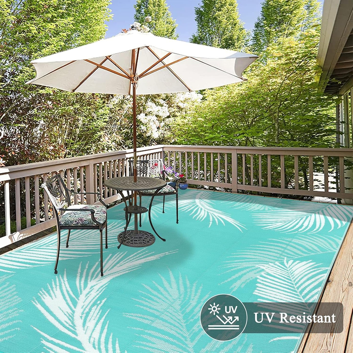 Pauwer Waterproof Outdoor Rug 8x10, Reversible Plastic Straw Patio Camping Rug, Indoor Outdoor RV Mat Carpet for Deck, Camper, Porch, Balcony, Backyard, Picnic, Leaf Light Blue