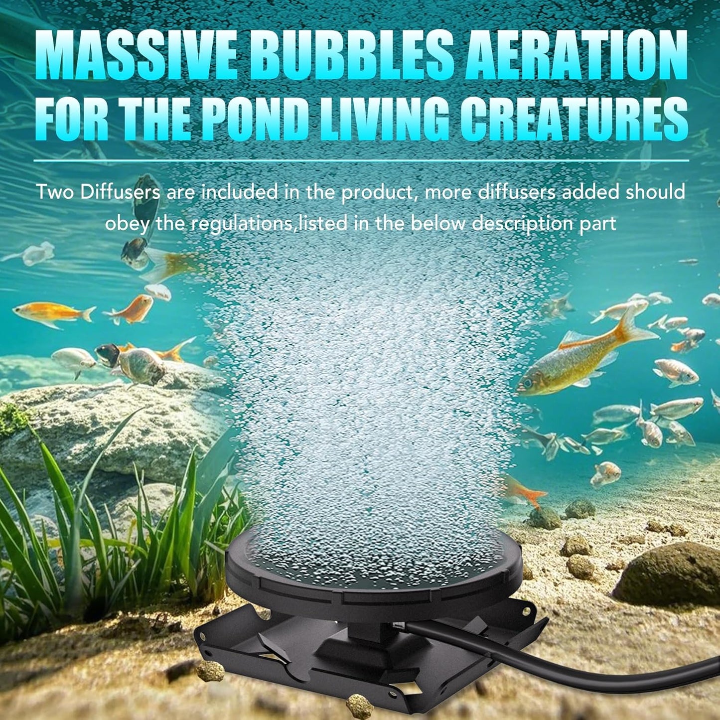 HQUA PAS20 Pond & Lake Aeration System for Up to 3 Acre, 3/4 HP Compressor + Two 100' Weighted Tubing + 2 Diffusers