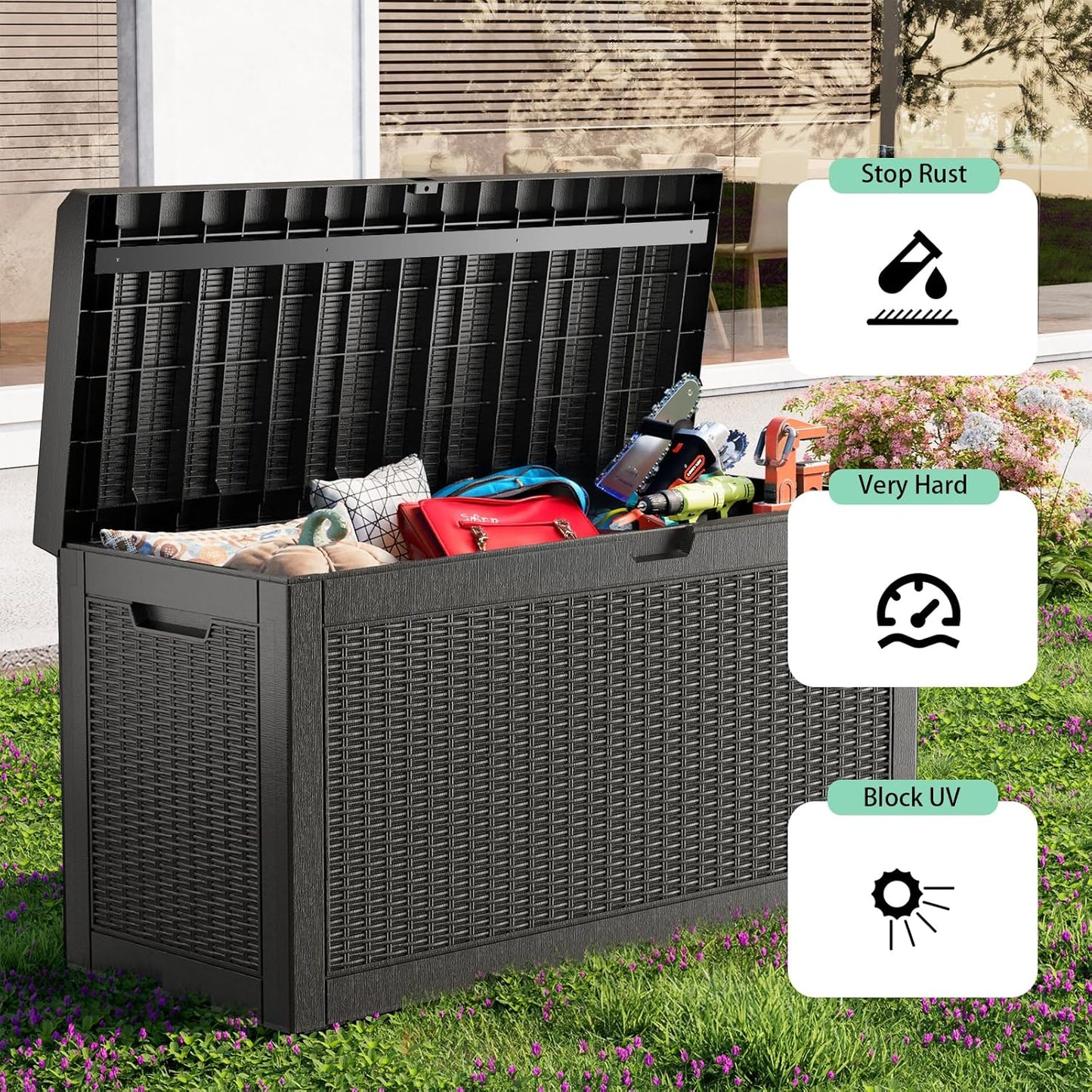 60 Gallon Resin Deck Box, Lockable Outdoor Storage Box for Patio Cushions Storage Furniture,Garden Tools, Pool Supplies, Weatherproof and UV Resistant（Black Rattan）