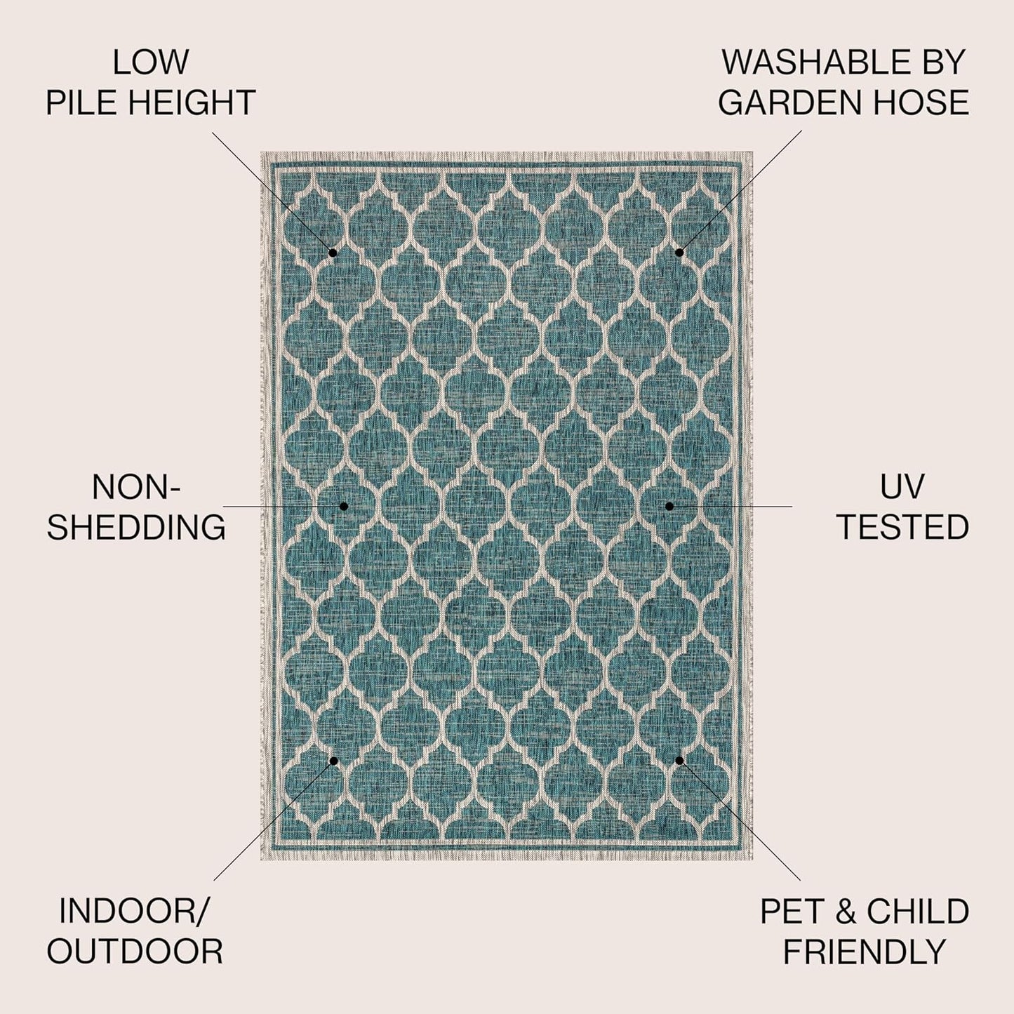 Eyely BMS109E-6 Santa Monica Trebol Moroccan Trellis Textured Weave, Pet Friendly, Non-Shedding, Stain Resistant, Easy-Cleaning, Teal/Gray, 6 ft. x 9 ft., Indoor/Outdoor, Area Rug