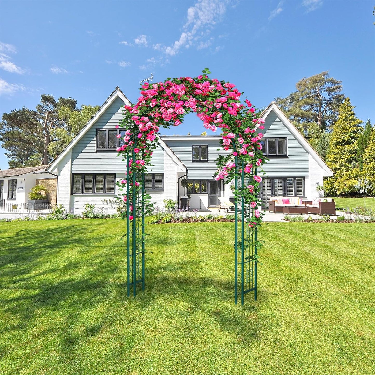 88in Steel Garden Arch Arbor Trellis for Climbing Plants Outdoor,Yard,Wide Sturdy Durable Garden Arch for Lawn,7.3ft Climbing Plants Decorative Wire Lattice,Outdoor Wedding Arch(Green)