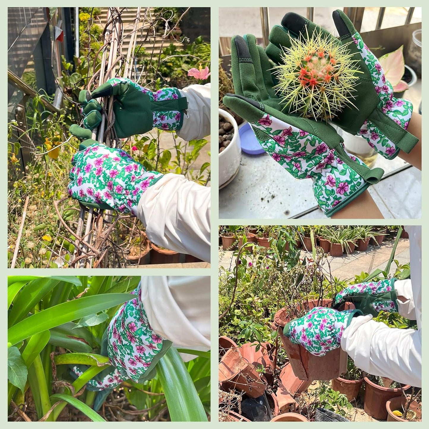 Gardening Gloves for Women, Garden Gloves with Touch Screen, Thorn Proof Puncture Resistant Working Gloves, Gardening Gifts for Women (Green with purple flowers, Medium)