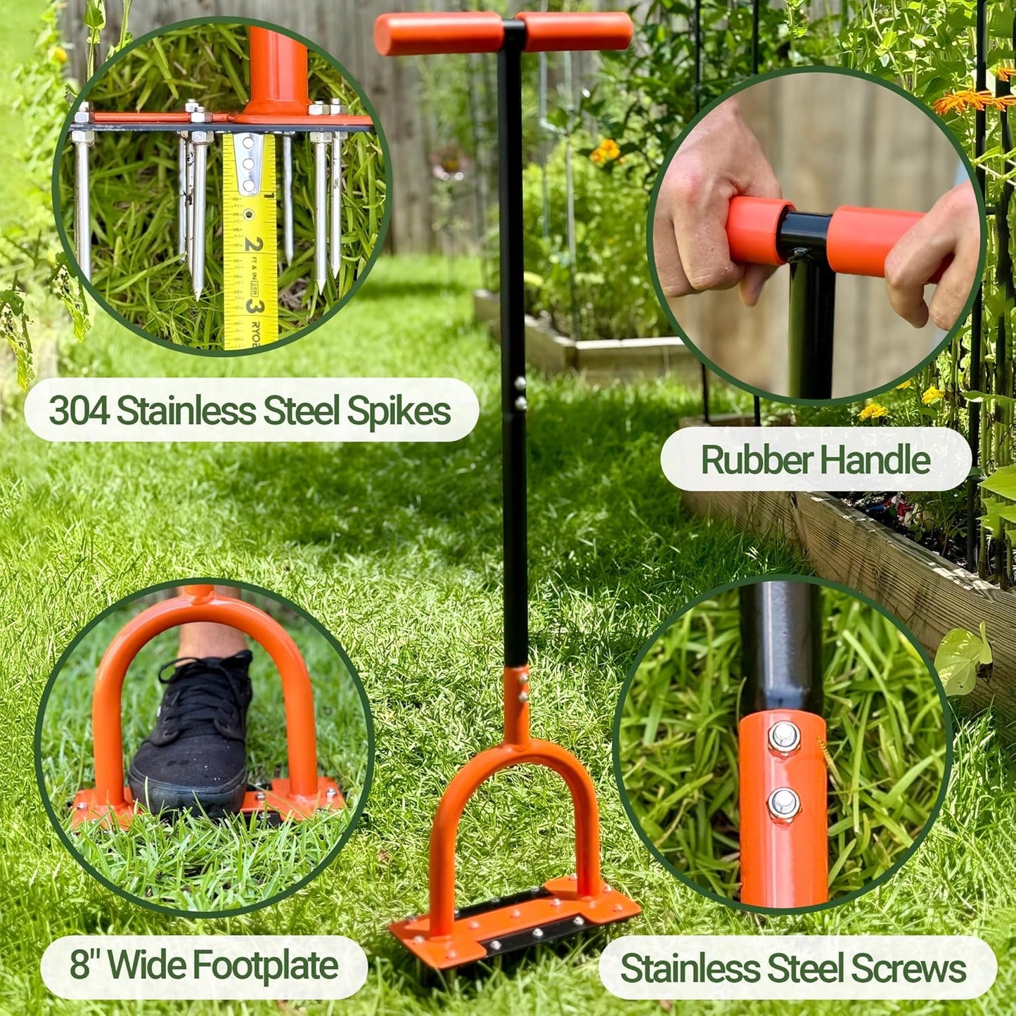 39in Lawn Aerator Spike Tool with 304 Stainless Steel Spikes Heavy Duty Lawn Aerator with Wide Foot Plate Rubber Handle for Soil Aeration, Grass & Yard Care