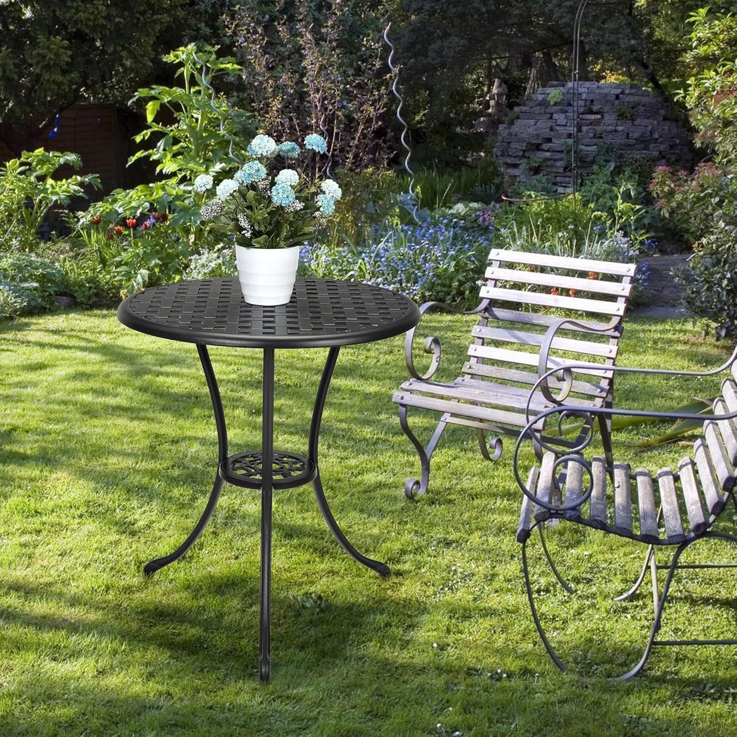 24" Outdoor Round Patio Bistro Table, Cast Aluminum Outdoor Cafe Table with 2 inch Umbrella Hole for Porch,Backyard,Garden, (Classic Square Pattern, Black)