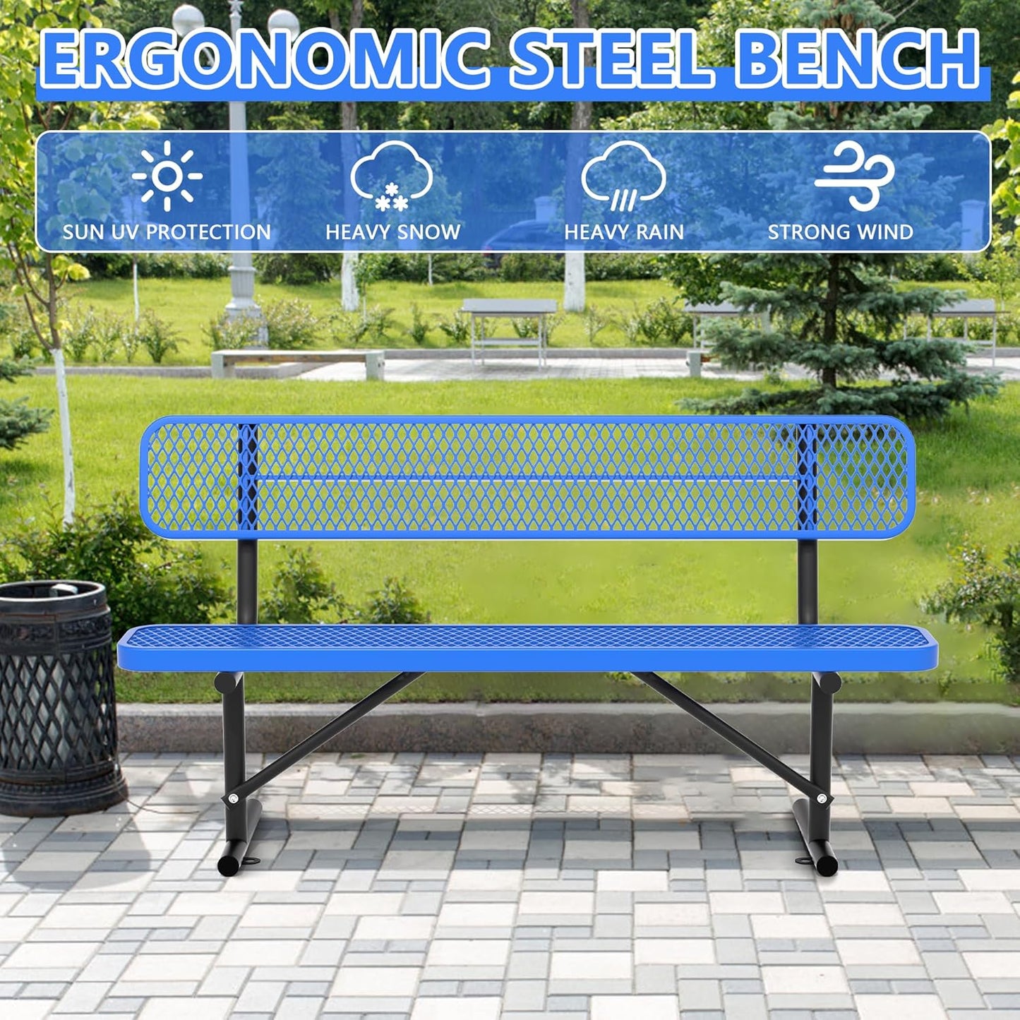 6 Feet Heavy Duty Metal Park Bench for Outside, Outdoor Steel Bench with Backrest & Portable Frame, Commercial Benches for Shopping Malls/Stores/Parks/Patios/Decks/School