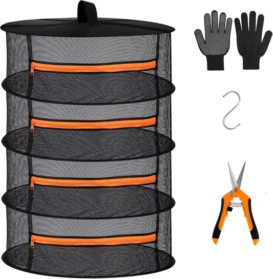 Desy & Feeci Herb Drying Rack-2ft Diameter 4 Layer Folding Mesh Hanging Basket Dryer Net with Zippers for Seeds Flowers Buds Plants Garden Outdoor Bumper Harvest(D24xH31 inch)