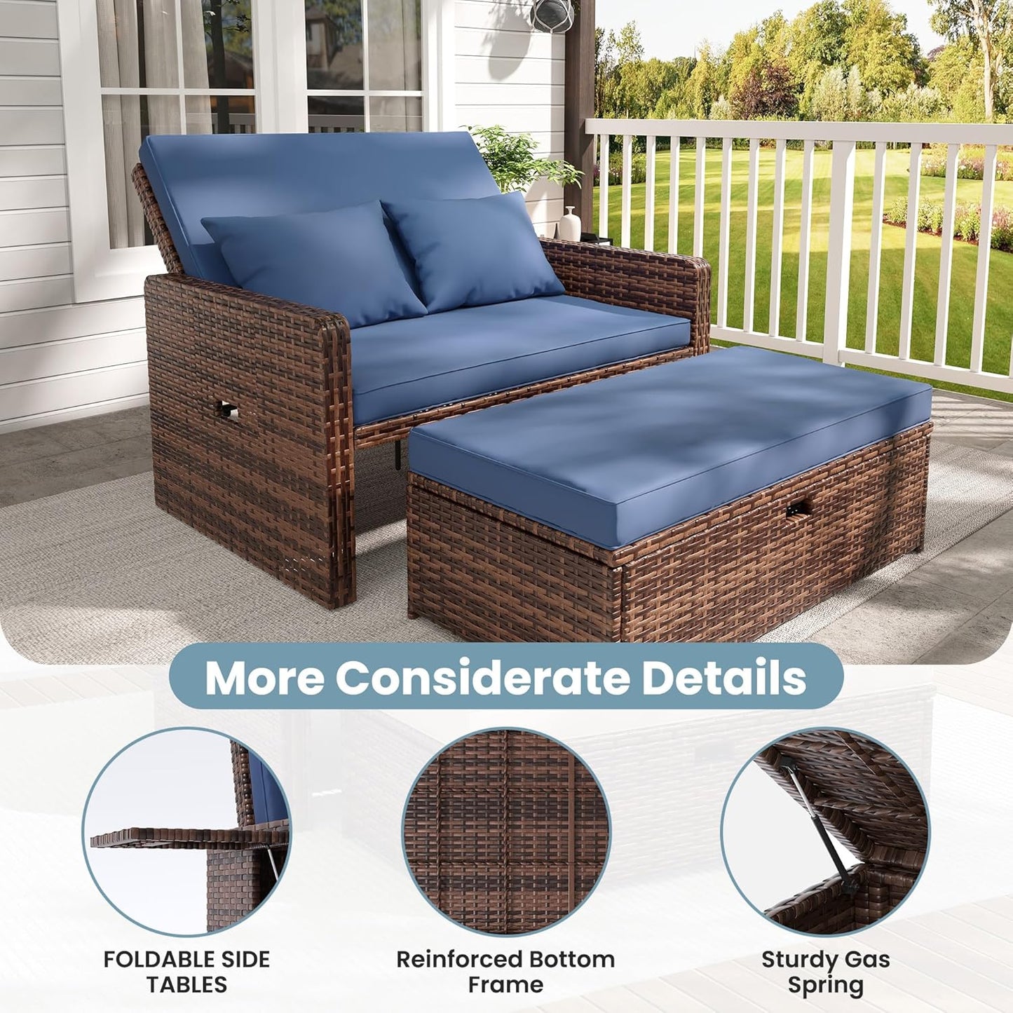 Amopatio Wicker Outdoor Daybed - Outdoor Loveseat with Storage Ottoman,4-Level Adjustable Backrest & Cushions, Patio Loveseat for Yard, Balcony, Porch, Garden, Poolside（Navy）