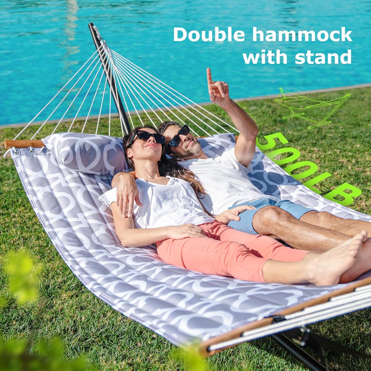 Double Hammock with Stand for Outdoor, Heavy Duty Portable Hammock with Adjustable Steel Stand for Patio, Garden, Beach, Backyard - Includes Carrying Bag,White Grey