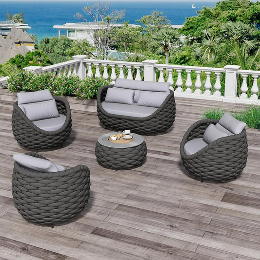 Fully Assembled Patio Furniture Set: 5 Pieces Woven Rope Outdoor Conversation Set Cushioned - Modern Metal Deck Loveseat Chair Table Set - Porch Seating for Courtyard Garden Pool Balcony Hotel