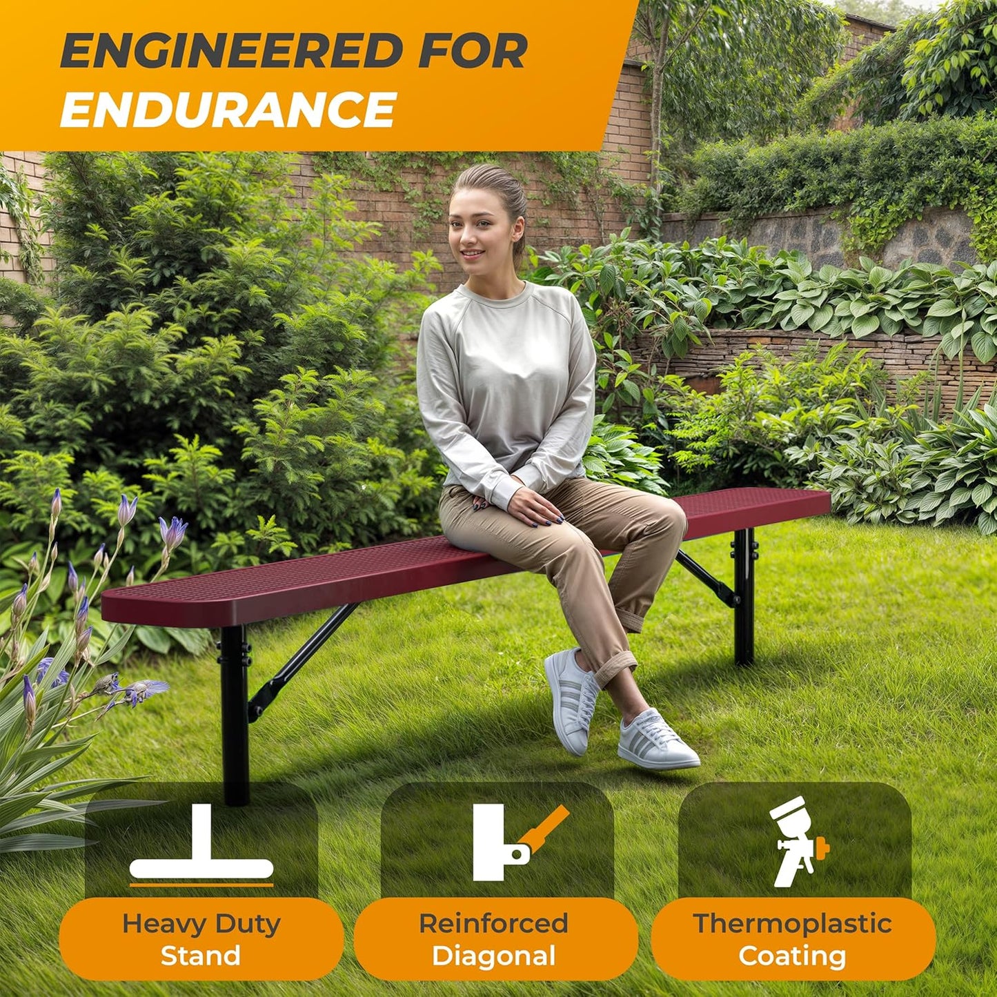 Heavy-Duty Outdoor Metal Bench, Thermoplastic-Coated, Inground, Weatherproof, Commercial-Grade for Parks, Gardens, Patios, Stores & More (8 Ft - Inground, Red)