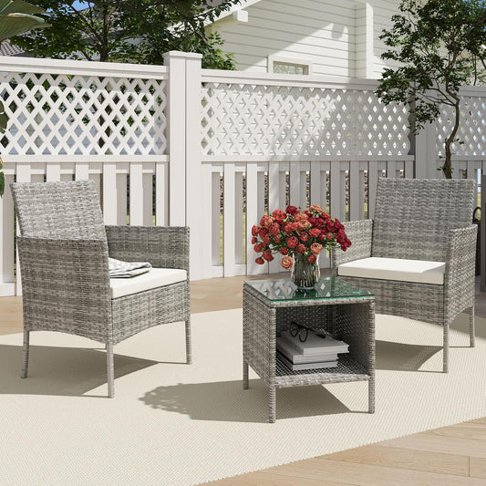 3 Piece Patio Furniture Set - Outdoor Conversation Sets with Coffee Table, Rattan Chair Set for Garden/Poolside, Beige/Brown