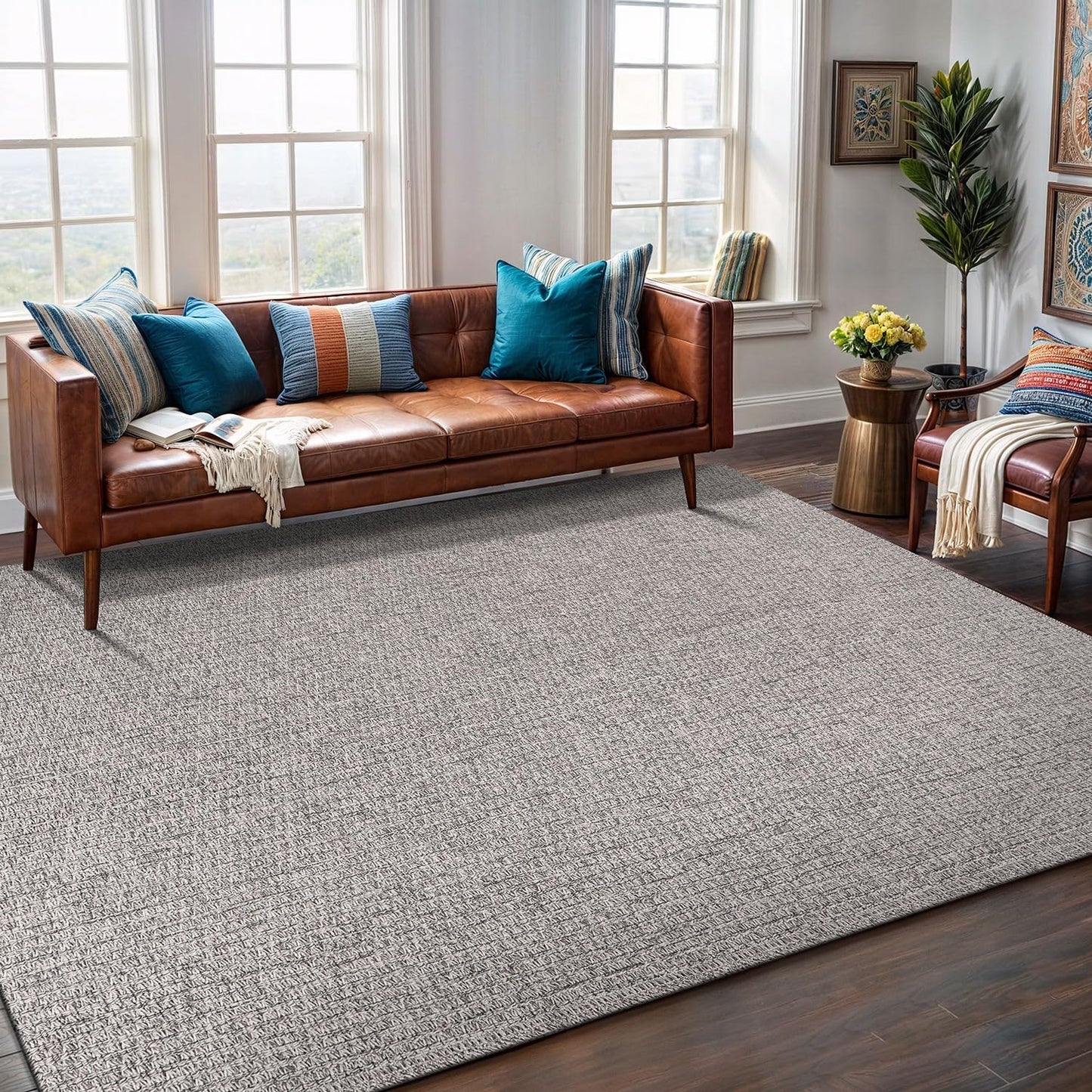 Easy Jute Rug 4x6 Indoor Outdoor Natural Rugs Solid Fiber Rug Woven Area Rug Boho Easy Clean Inside Carpet for Living Room Bedroom Dining Room Hallway or Outdoor Patio Porch (4 X 6 Silver)