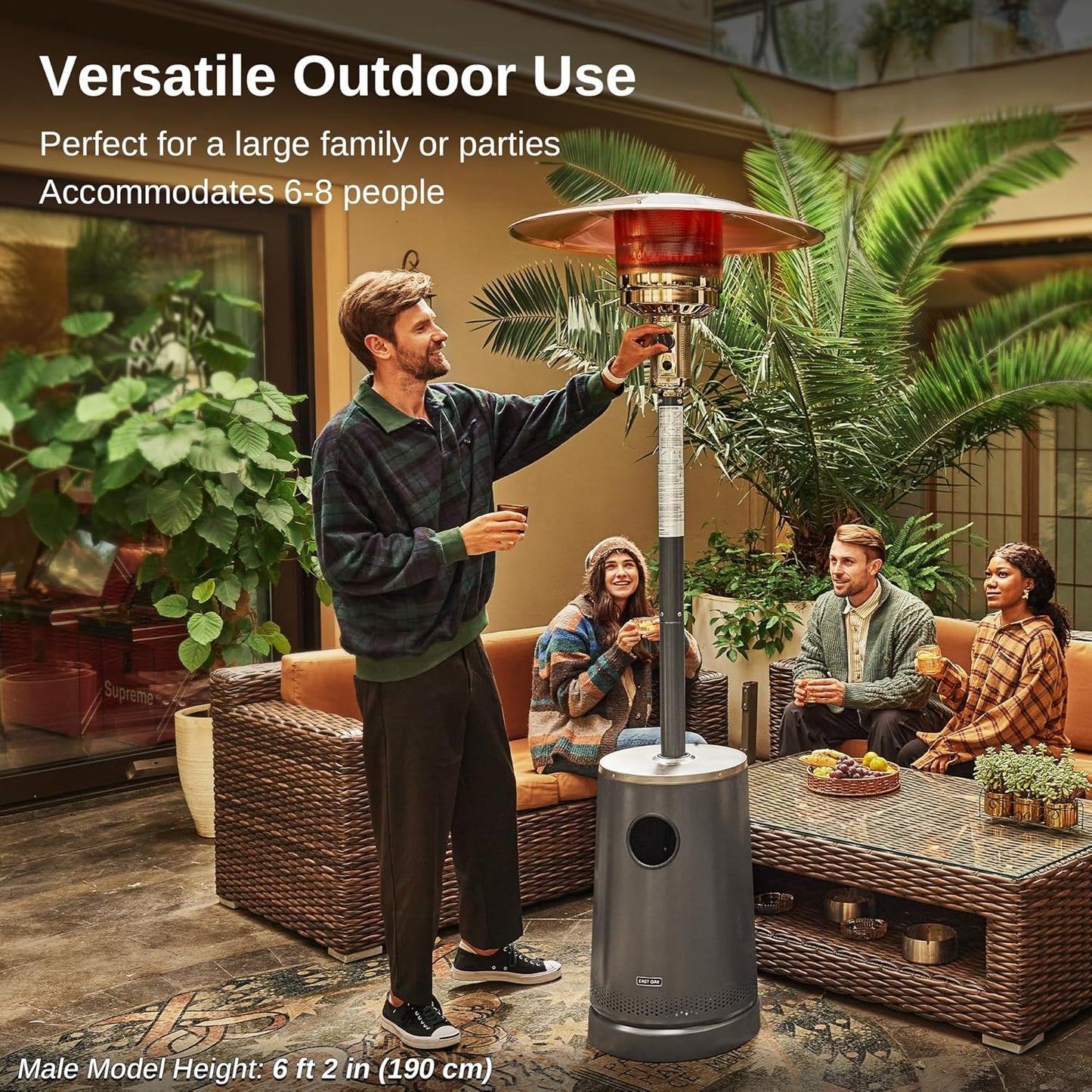 EAST OAK 55,000 BTU Patio Heater with Sand Box, Table Design, Thicker Stainless Steel Burner, Wheels, Triple Protection System, Propane Outdoor Heater for Home and Residential, Commercial Grade, Grey