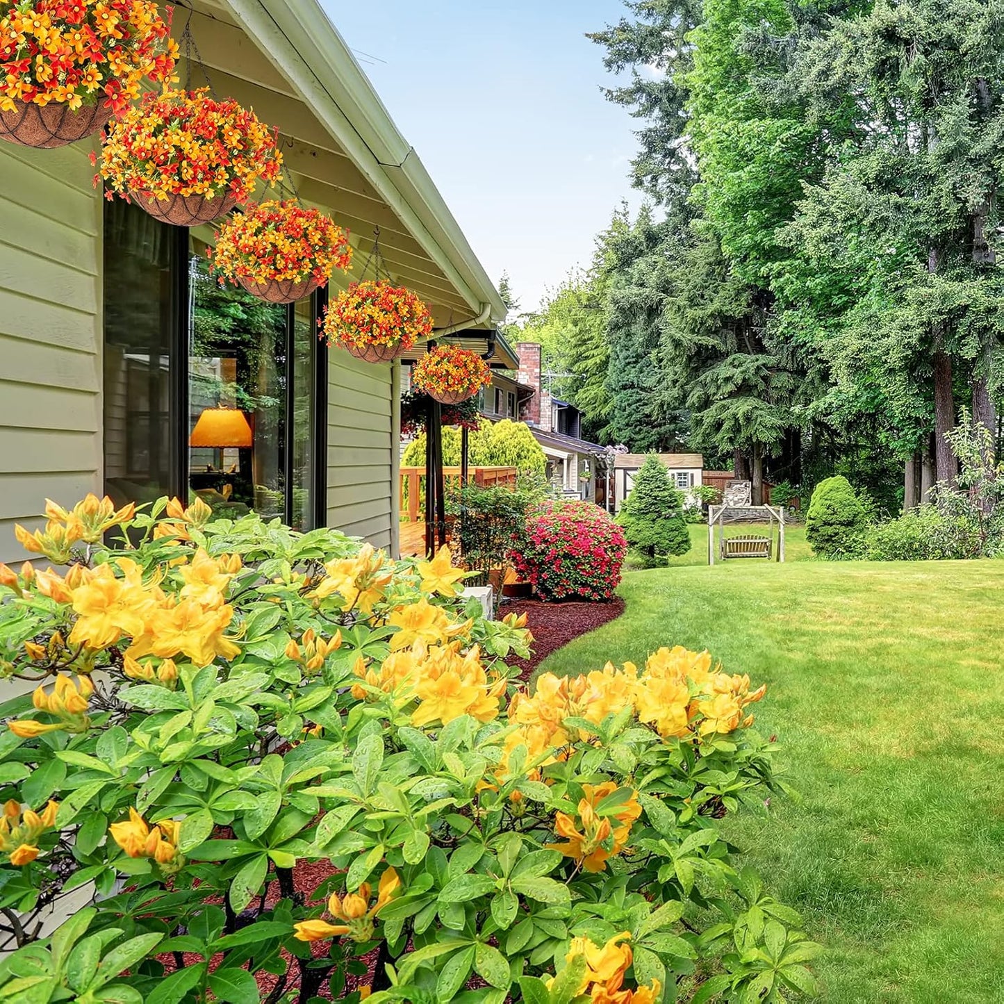 Artificial Silk Flowers Hanging Baskets Outdoors,Chrysanthemum with Eucalyptus Leaves Arrangement for Garden Yard Decor,Faux Plant in Metal Coconut Lining Flowerpot(Orange)