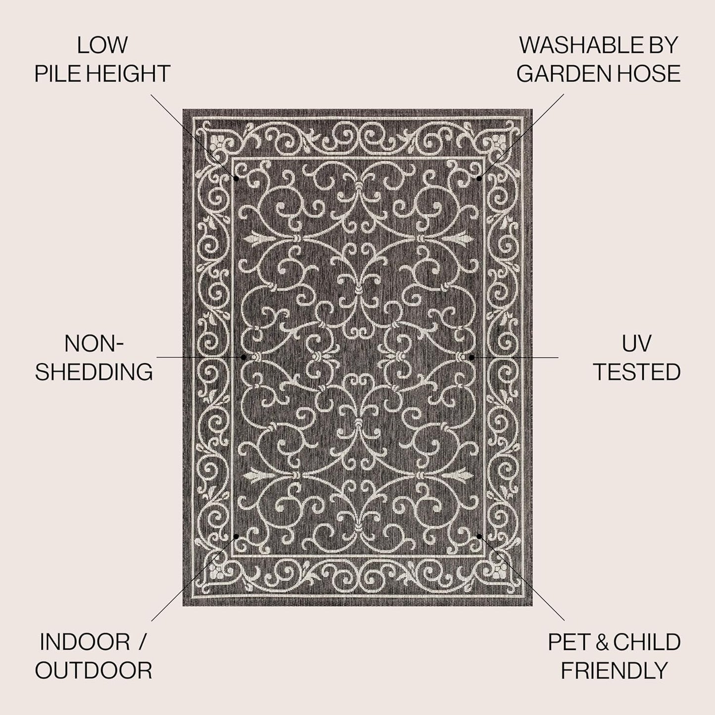 JONATHAN Y SMB106G-6SQ Charleston Vintage Filigree Textured Weave Black/Gray 6' Square Indoor/Outdoor Area Rug, Pet Friendly, Non-Shedding, Stain Resistant, Easy-Cleaning for Backyard, Patio, Porch