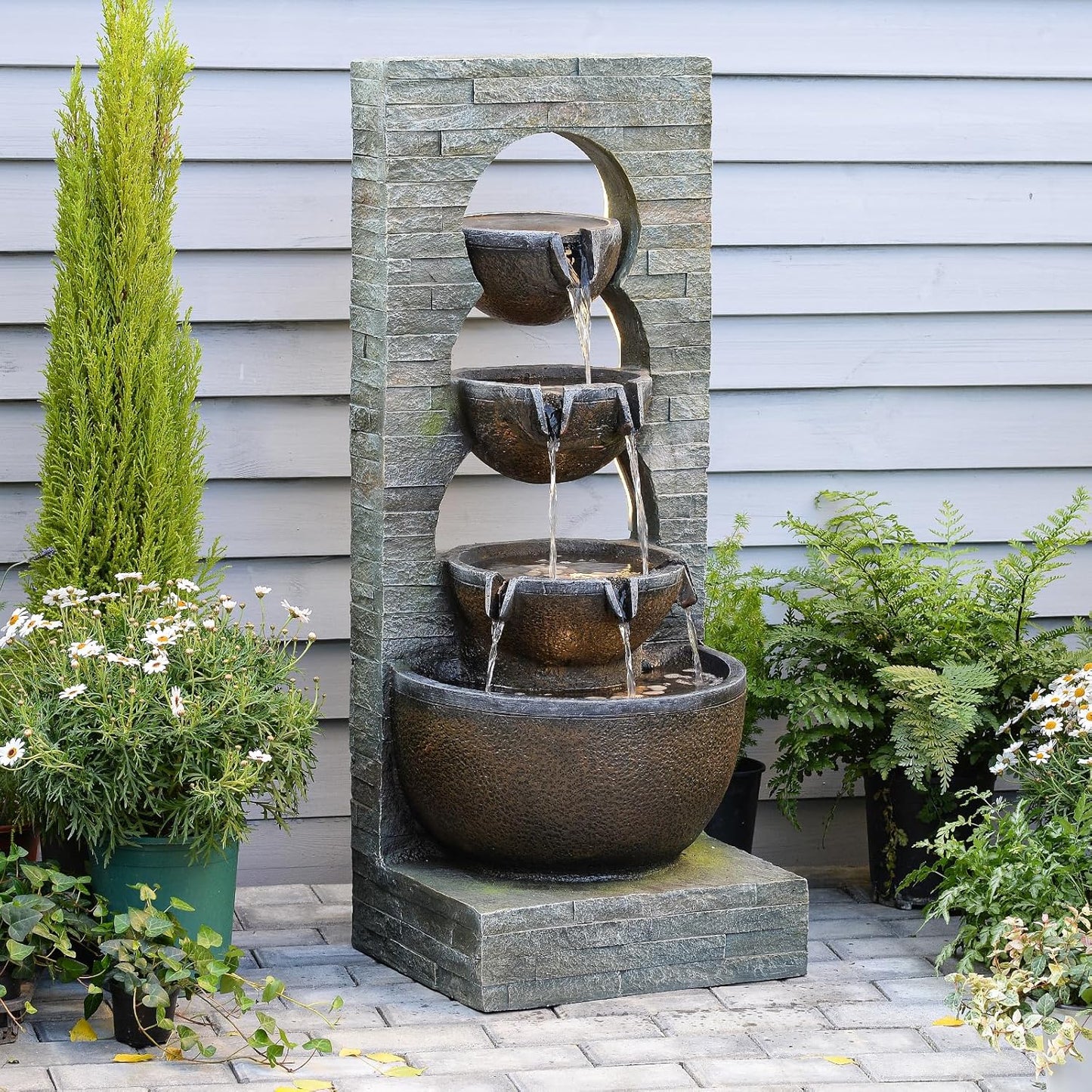 43" H Water Fountain Outdoor Garden - Large Waterfall Tiered Freestanding Cascade Bowl Fountains with LED Strips for Patio Backyard Deck Porch Home Decor, Brown