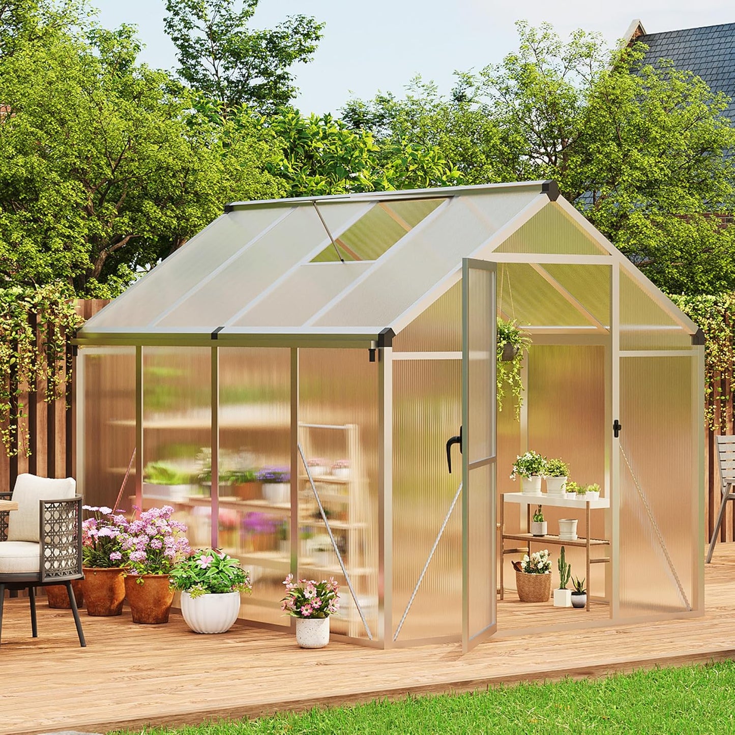 6 x 8 FT Greenhouse, Greenhouses for Outside, Polycarbonate Greenhouse with Aluminum Frame, Lockable Door and Ajustable Roof Vent for Backyard, Green Houses for Outside Garden Backyard, Patio