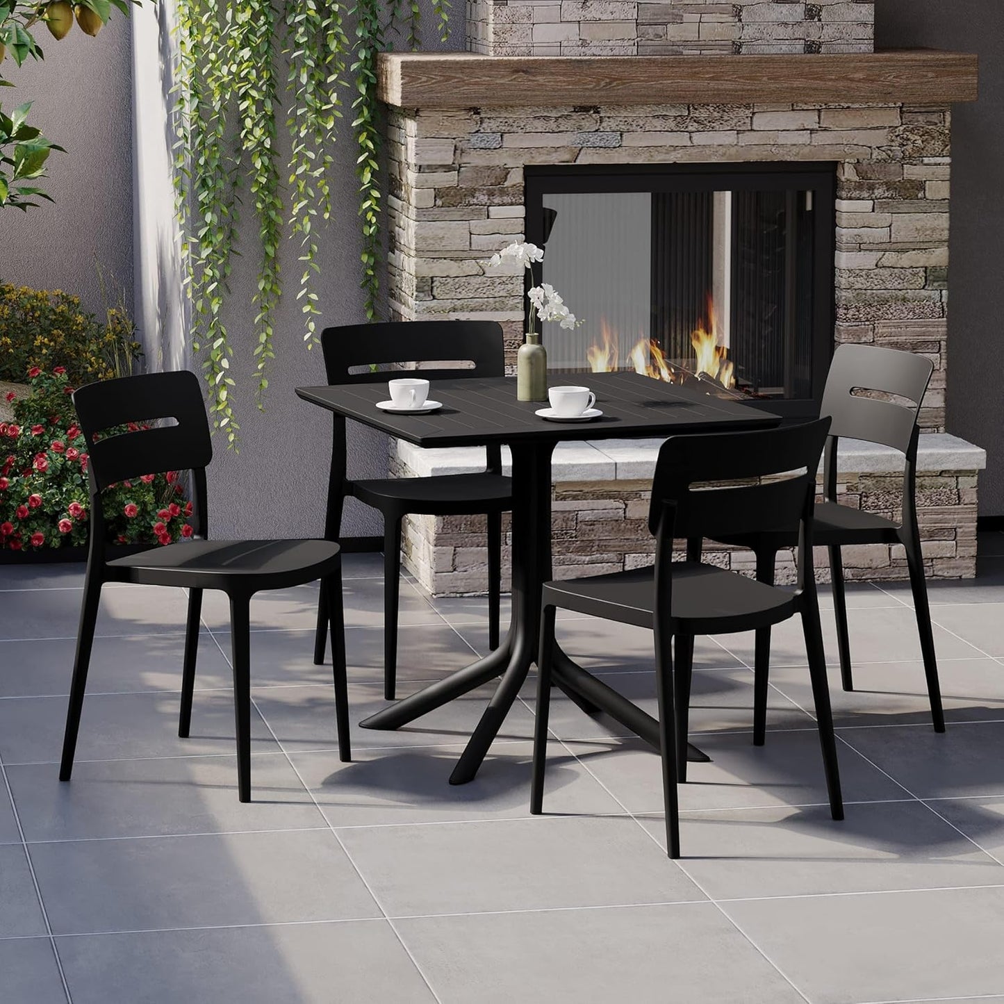 5-Piece Outdoor Dining Set, HDPE Patio Square Bistro Table and Stackable Chairs Sets for 4, Patio Furniture All Weather for Backyard Poolside, Black