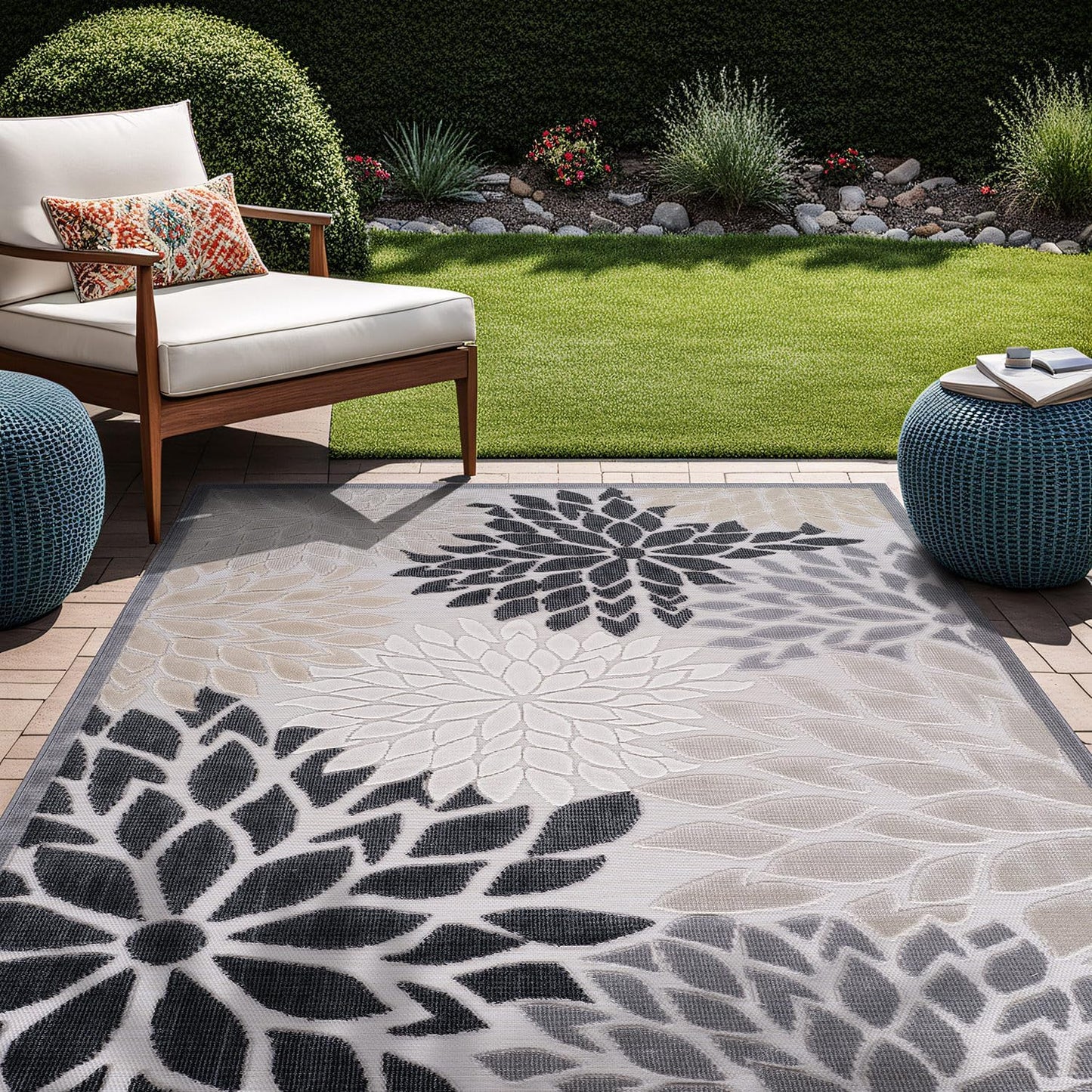 Beverly Rug Outdoor Rug 6x9 Modern Floral Tropical Area Rugs for Indoor and Outdoor Patio Easy to Clean Non Shedding Living Room Porch Garden Washable Outside Carpet (6 x 9 Beige)