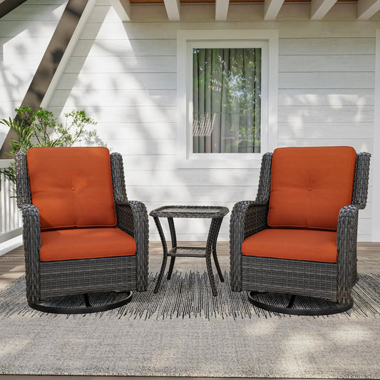 3 Pieces Outdoor Furniture Set - Patio Wicker Swivel Rocker Chair Set of 2 and 1 Side Table, Orange, Mixed Brown Rattan, Suitable for Porch, Yard